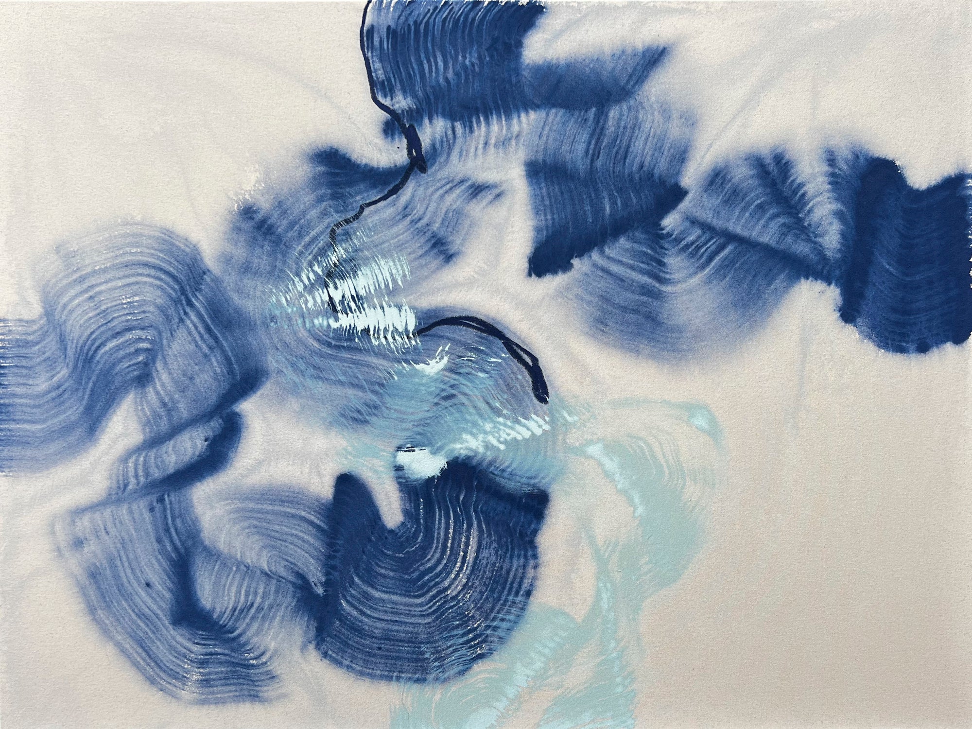 Blue abstract painting on raw canvas by Beth Winterburn, featuring layered textures and soft fluid strokes.