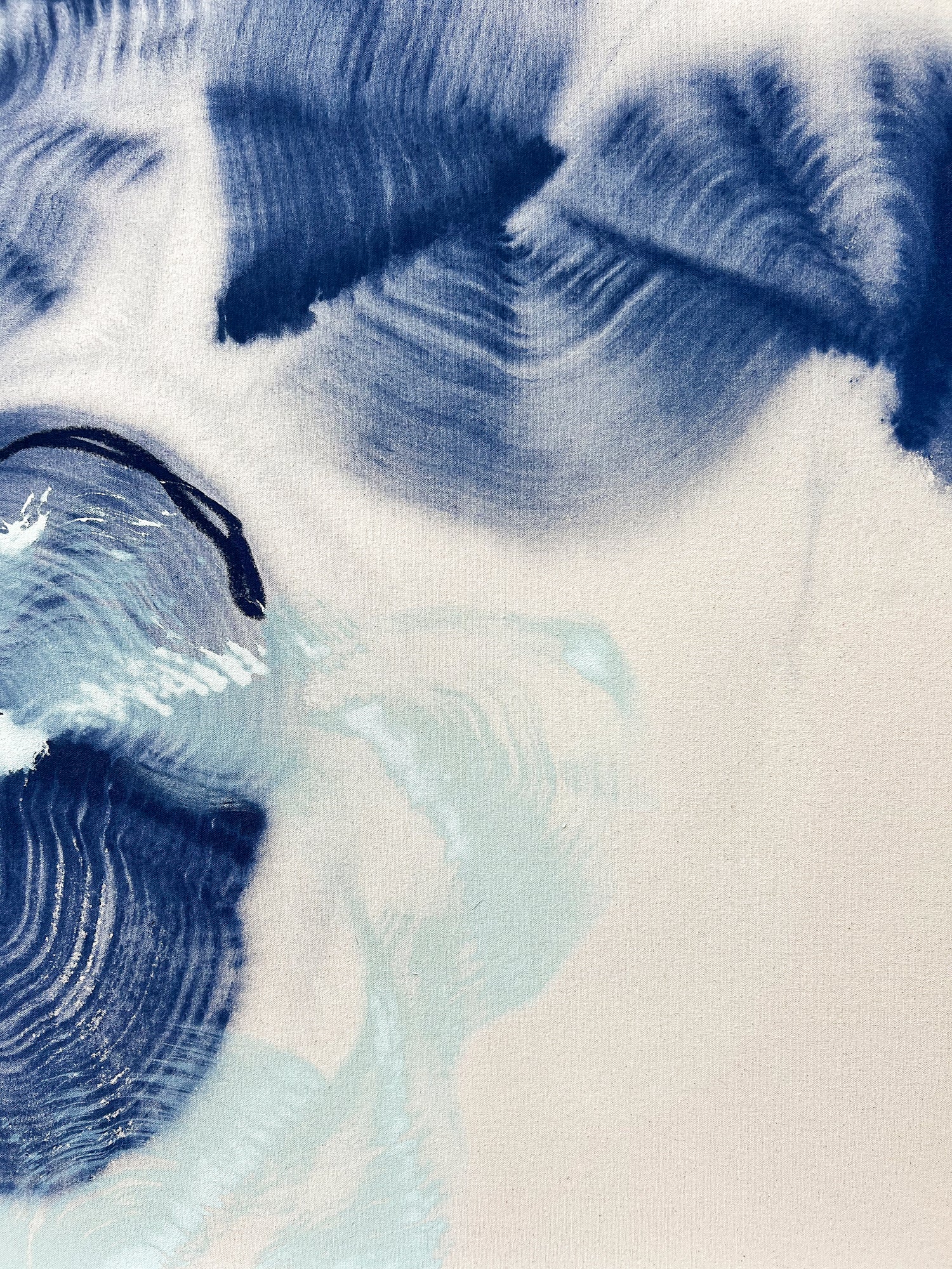 Details of Beth Winterburn’s abstract painting in serene blue tones on gallery-wrapped canvas.