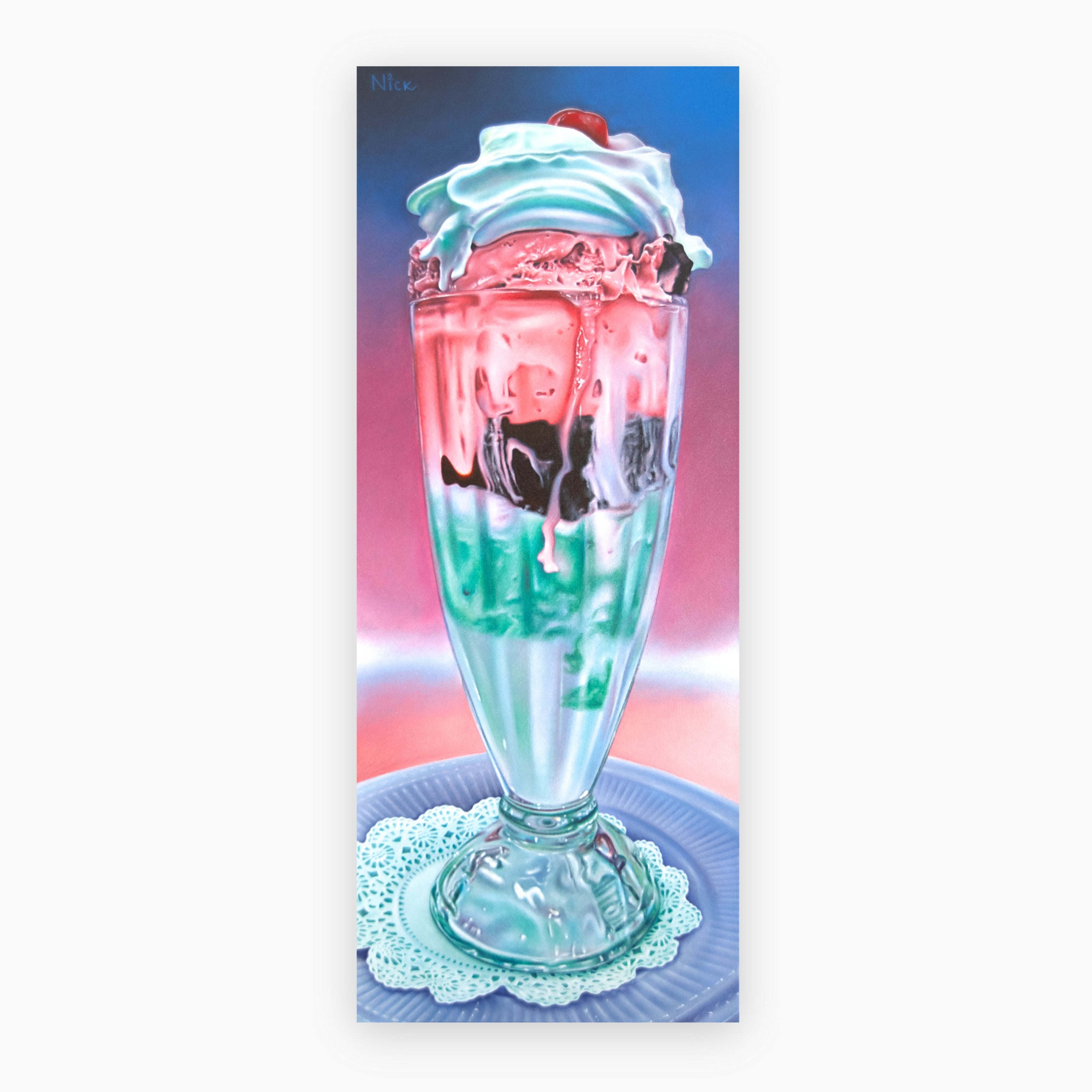 ‘Pretty Parfait II’ by Nick Erickson is a hyperrealistic dessert painting in acrylic. A tall, vibrant food still life that captures the beauty of sweet indulgence in a modern, vertical format.