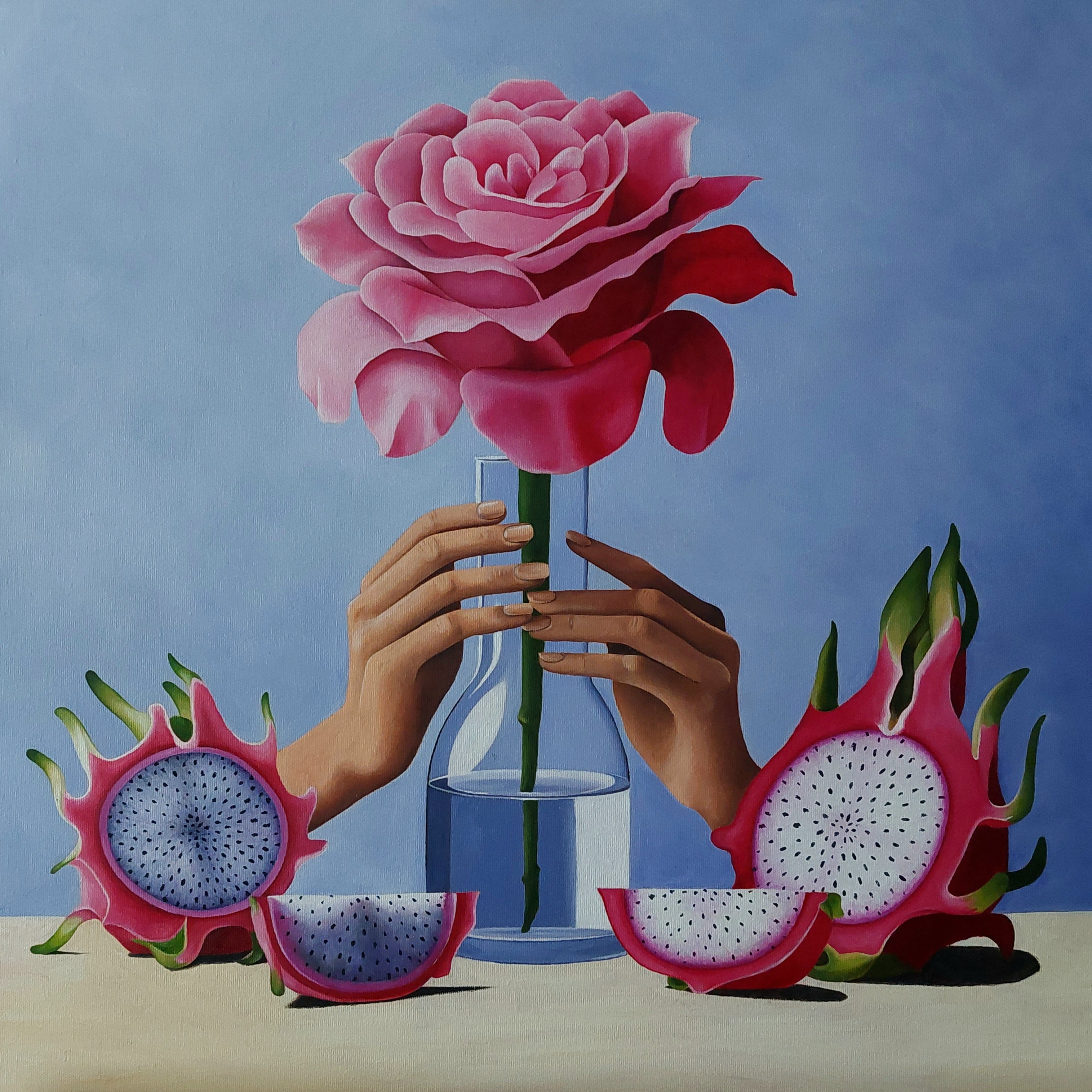 Surreal still life oil painting by Ragnhildur Johanns featuring roses and dragonfruit.