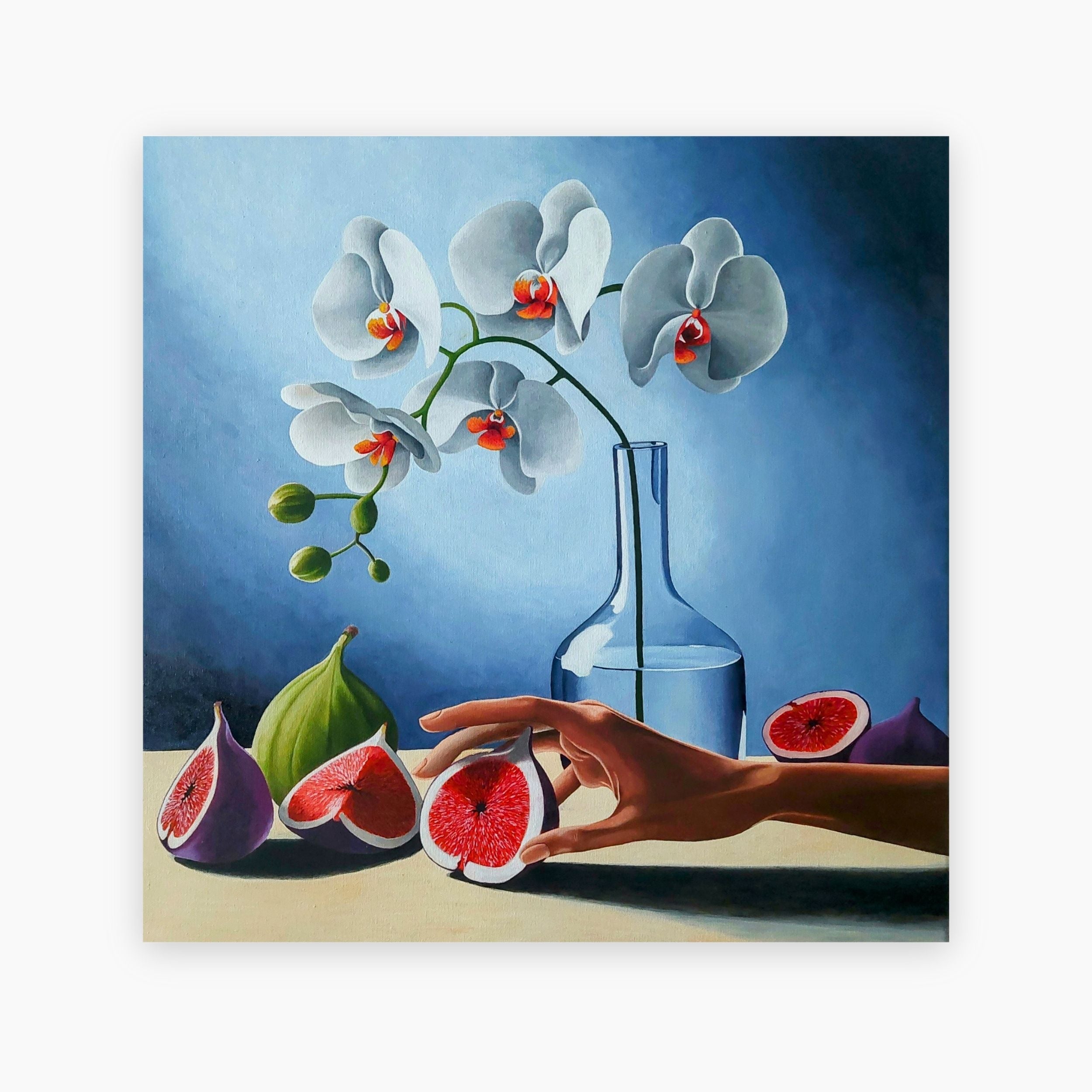Surreal still life oil painting by Ragnhildur Johanns featuring orchids and figs.