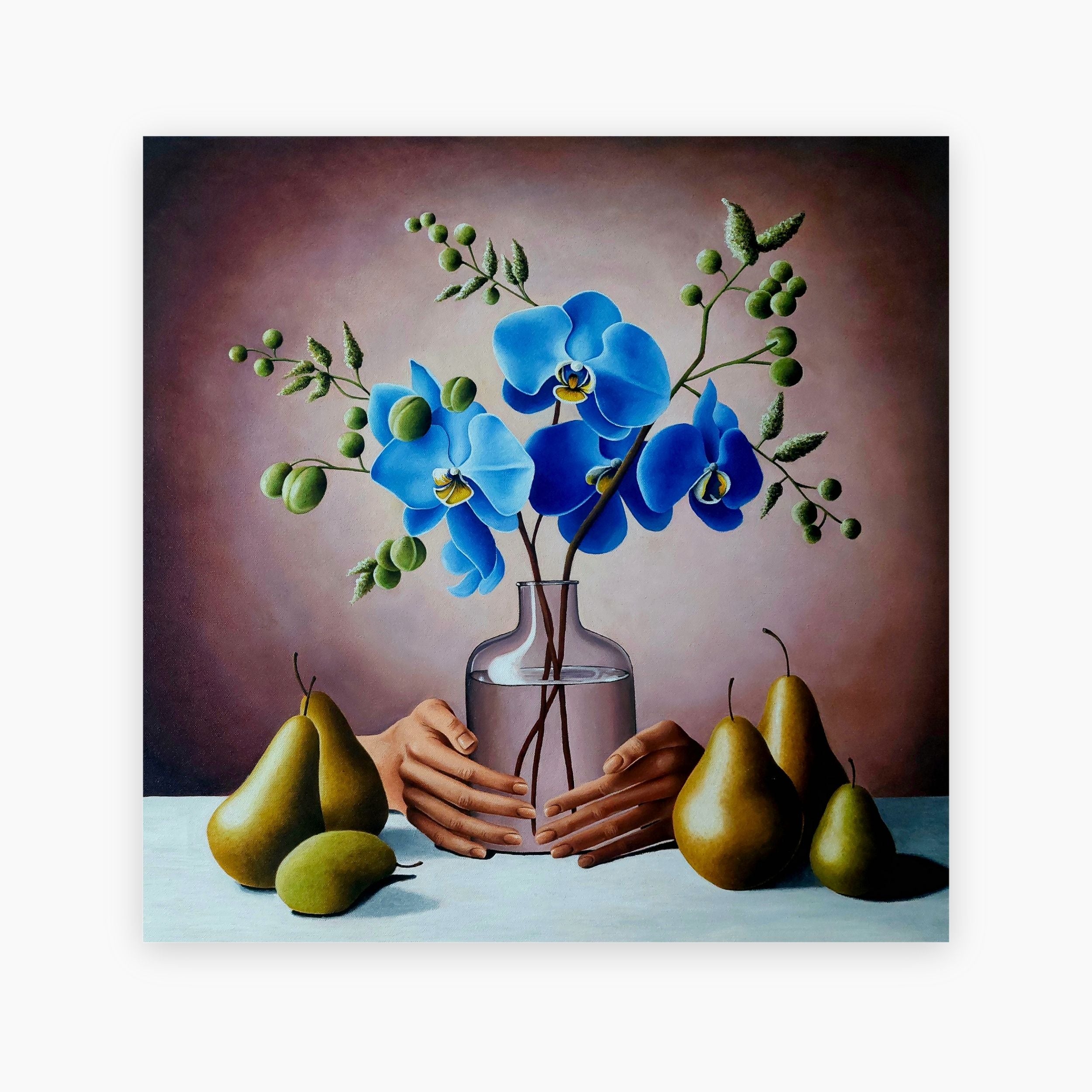Ragnhildur Johanns Visual Artist - Original Still Life Oil Painting Blue Flowers and Pear
