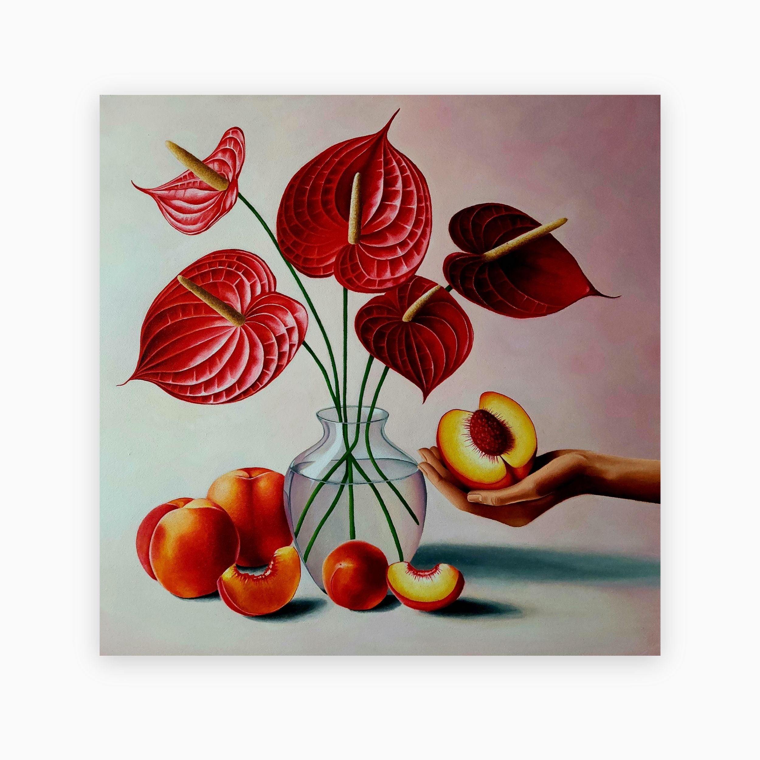 Ragnhildur Johanns Visual Artist - Original Still Life Oil Painting Red Flowers and Peaches