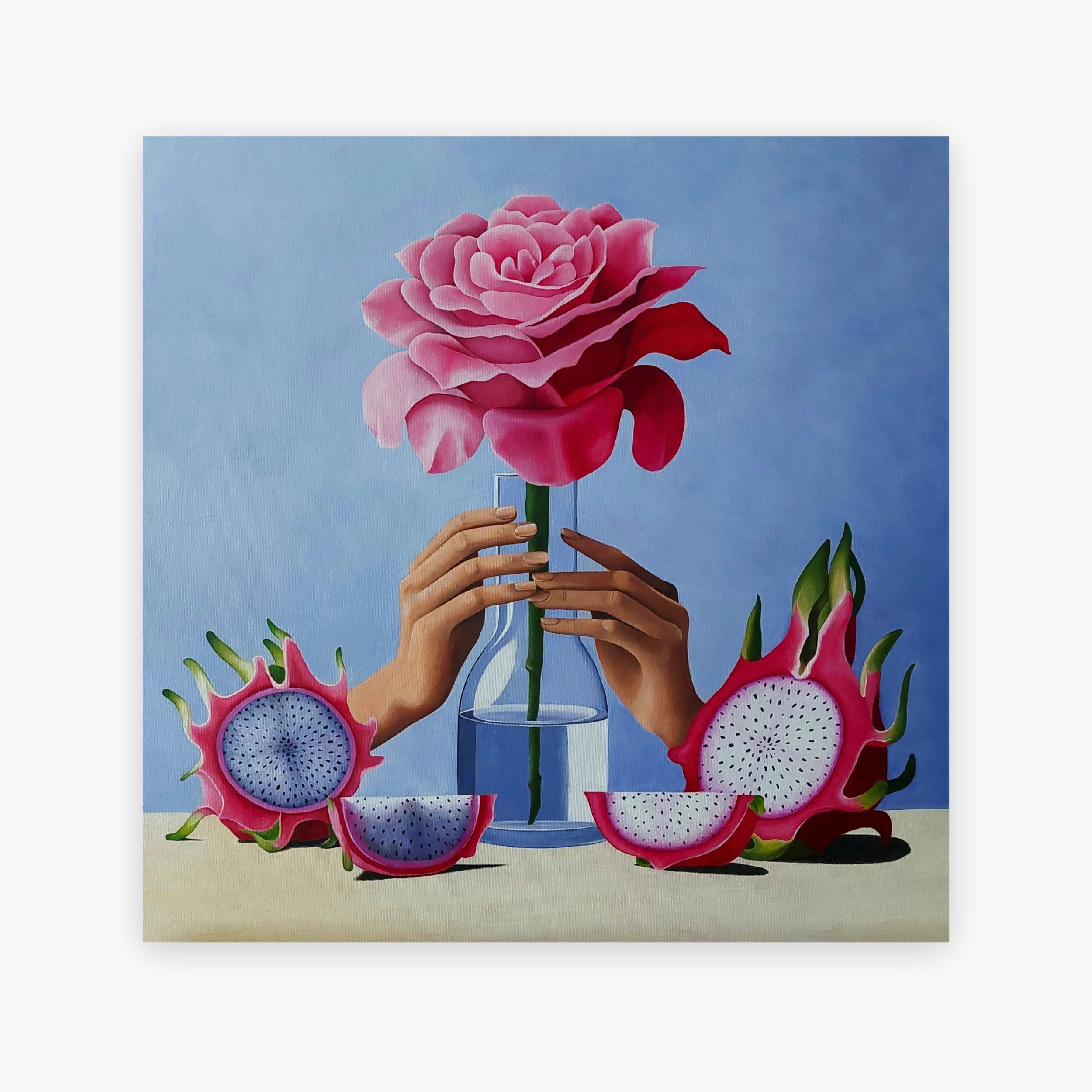 Surreal still life oil painting by Ragnhildur Johanns featuring rose and dragonfruit.