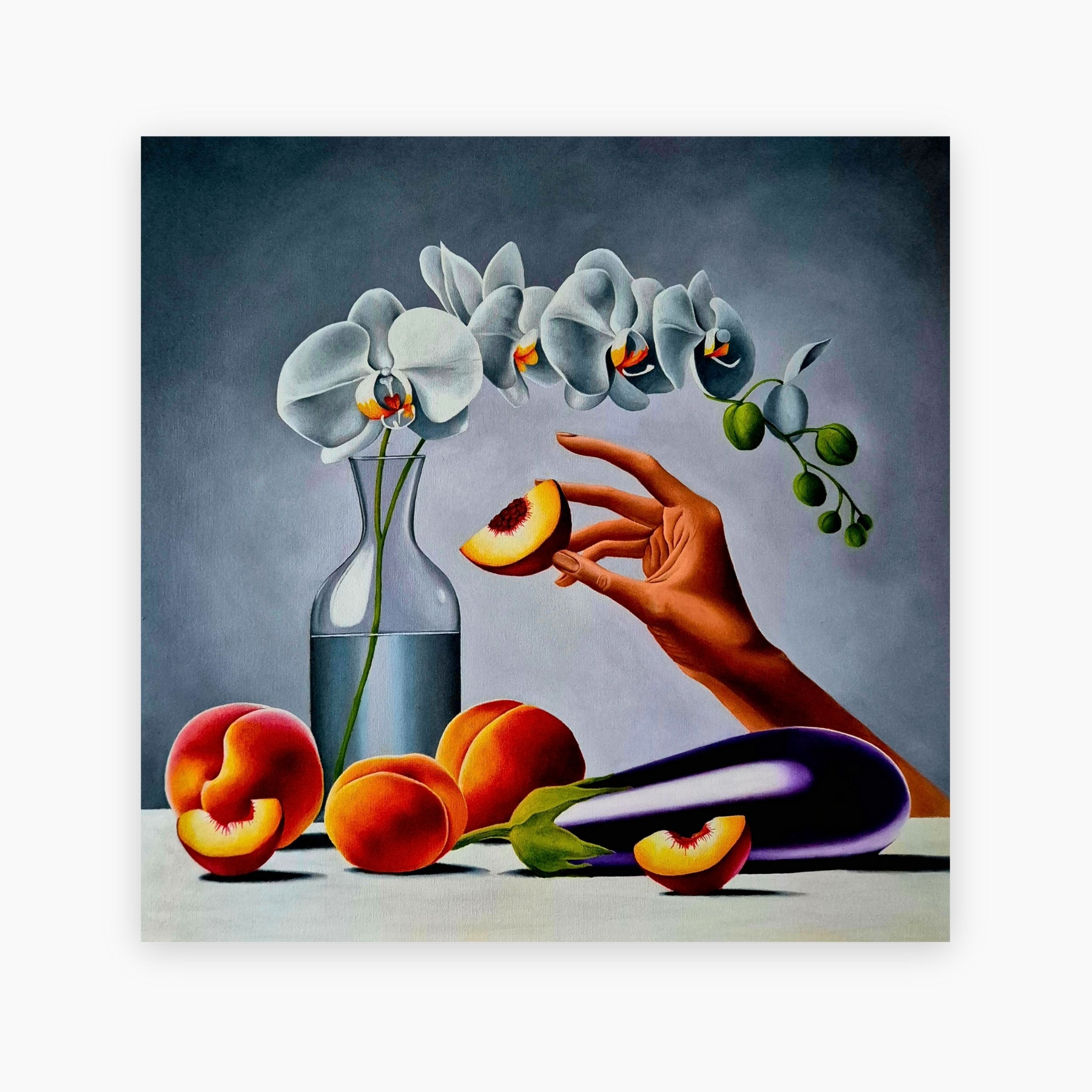 Ragnhildur Johanns Visual Artist - Original Eggplant, Peach, and Orchid Still Life Oil Painting