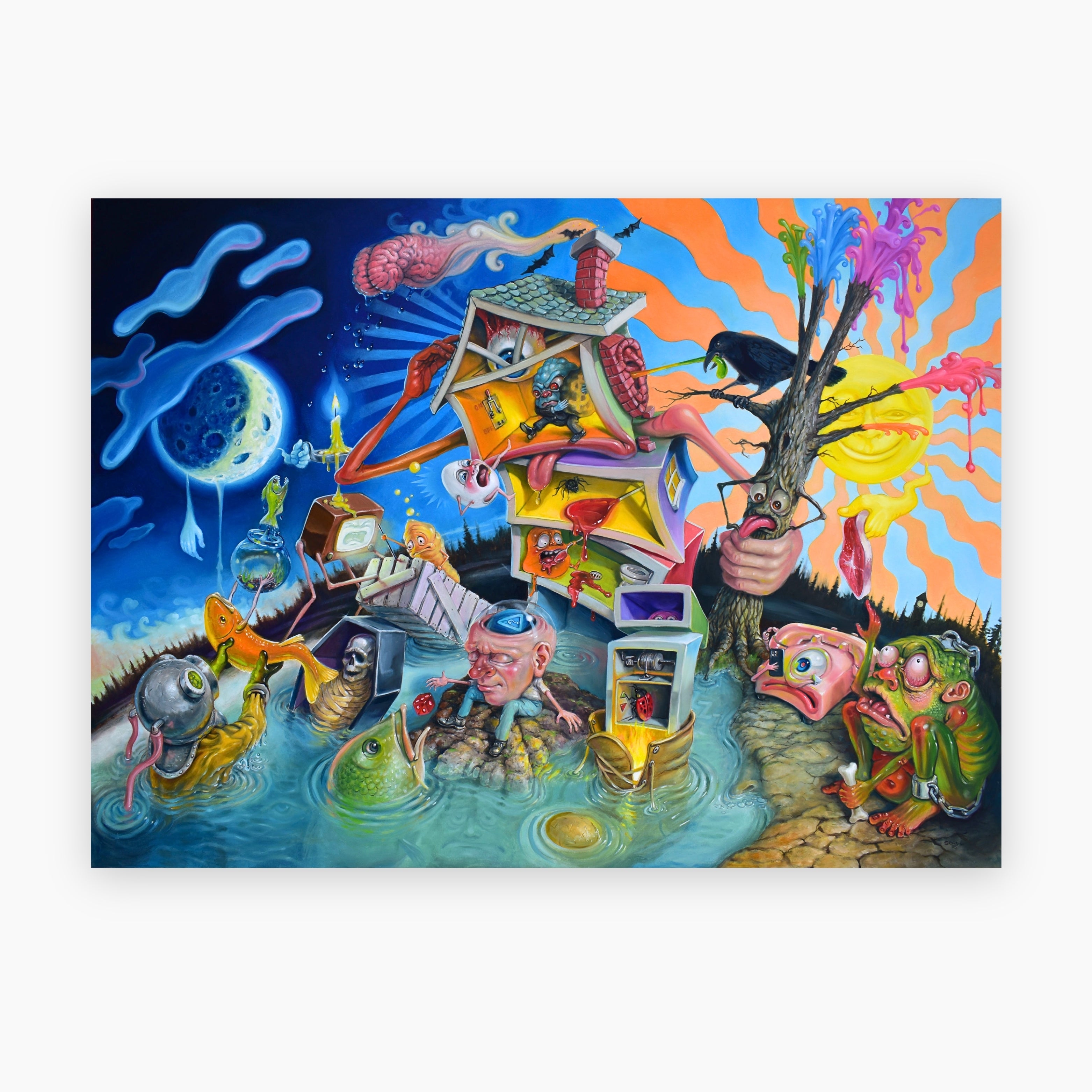 Original oil painting titled ‘Who Feeds the Beast’ by Canadian artist Stephen Gibb, featuring a surreal, thought-provoking scene in Gibb’s signature style.