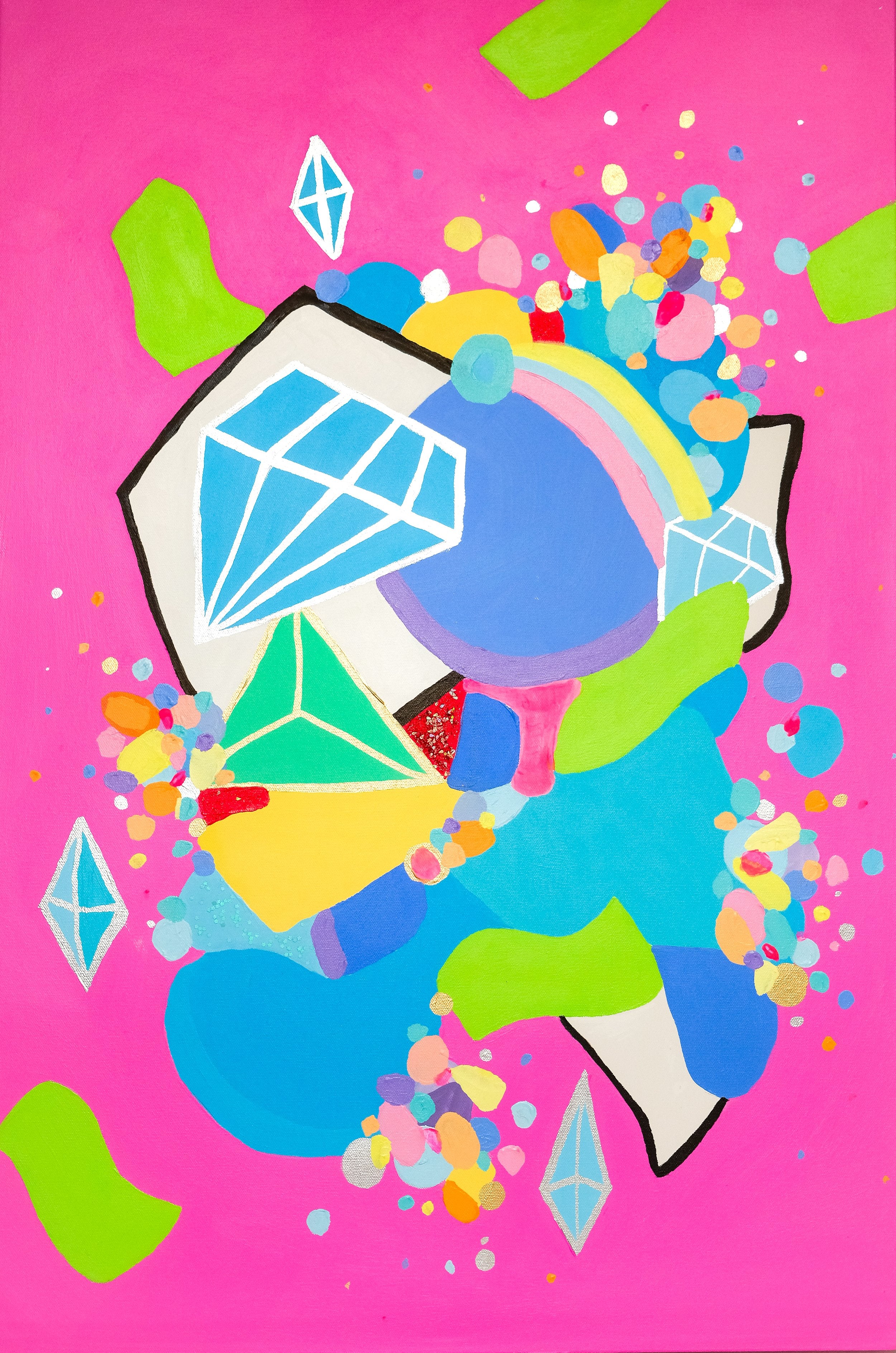 Abstract acrylic painting "Opulence" by Carina Dawn, filled with vivid color and money symbols.