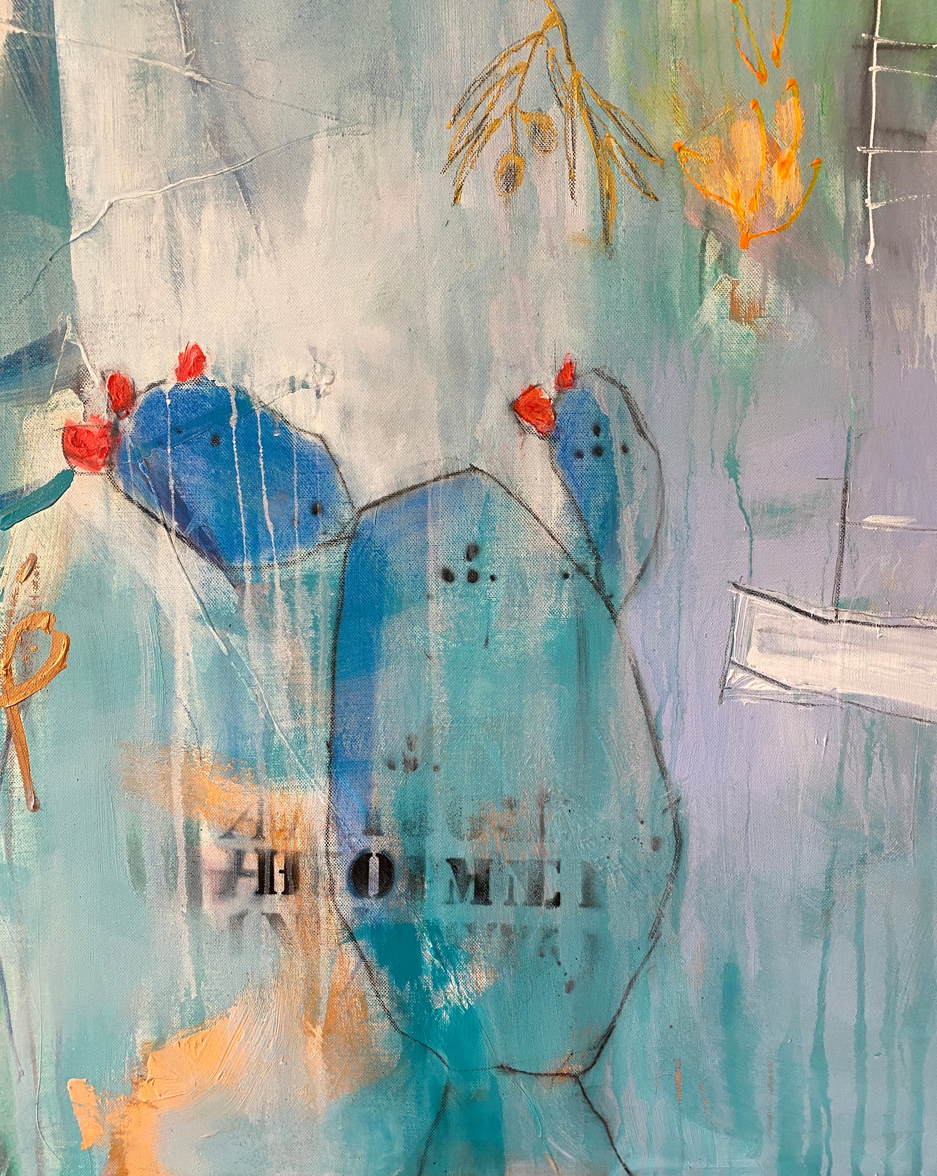 Closeup of playful brushwork in Bea Schubert’s painting