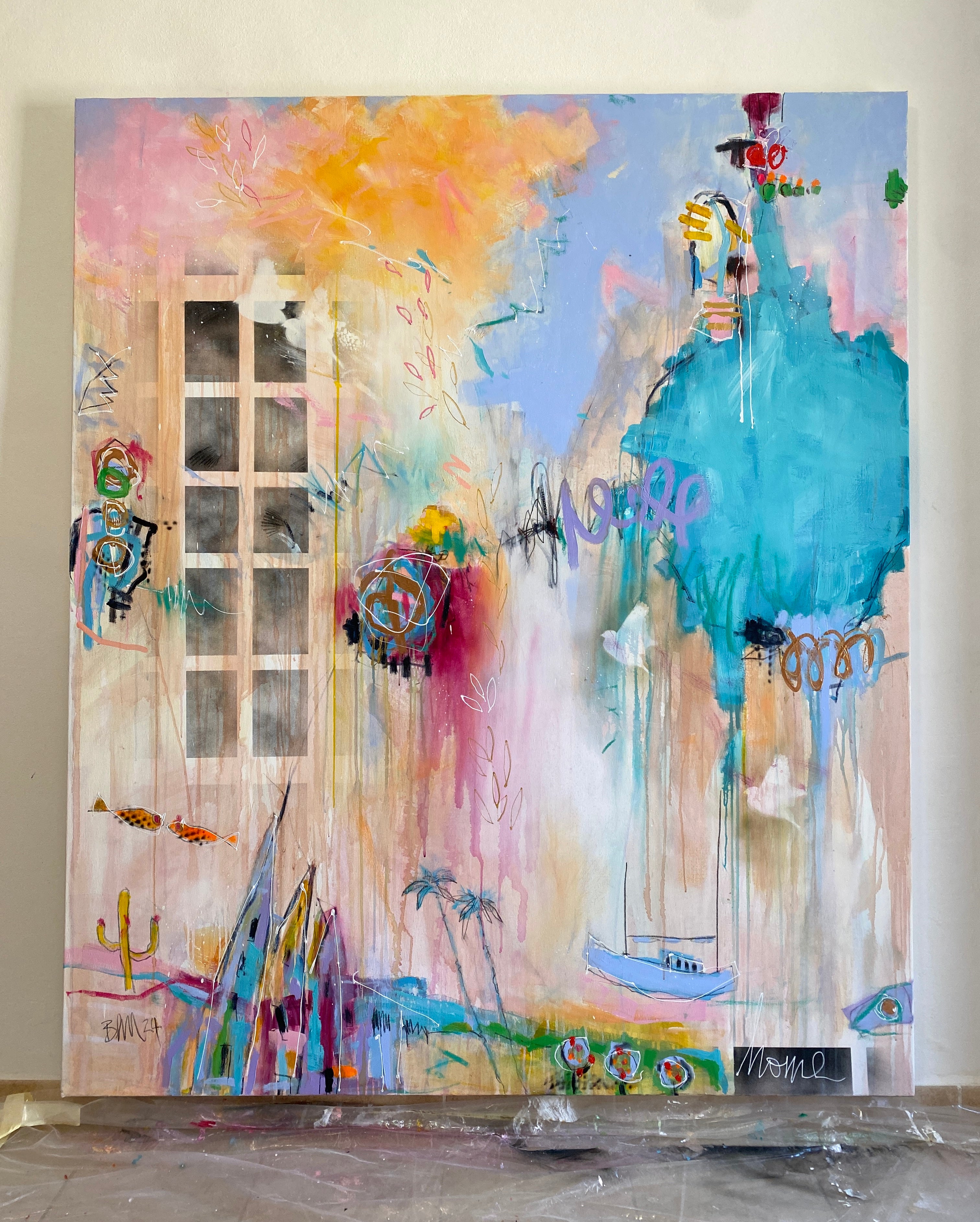 Angle of colorful painting “Home” by Bea Schubert