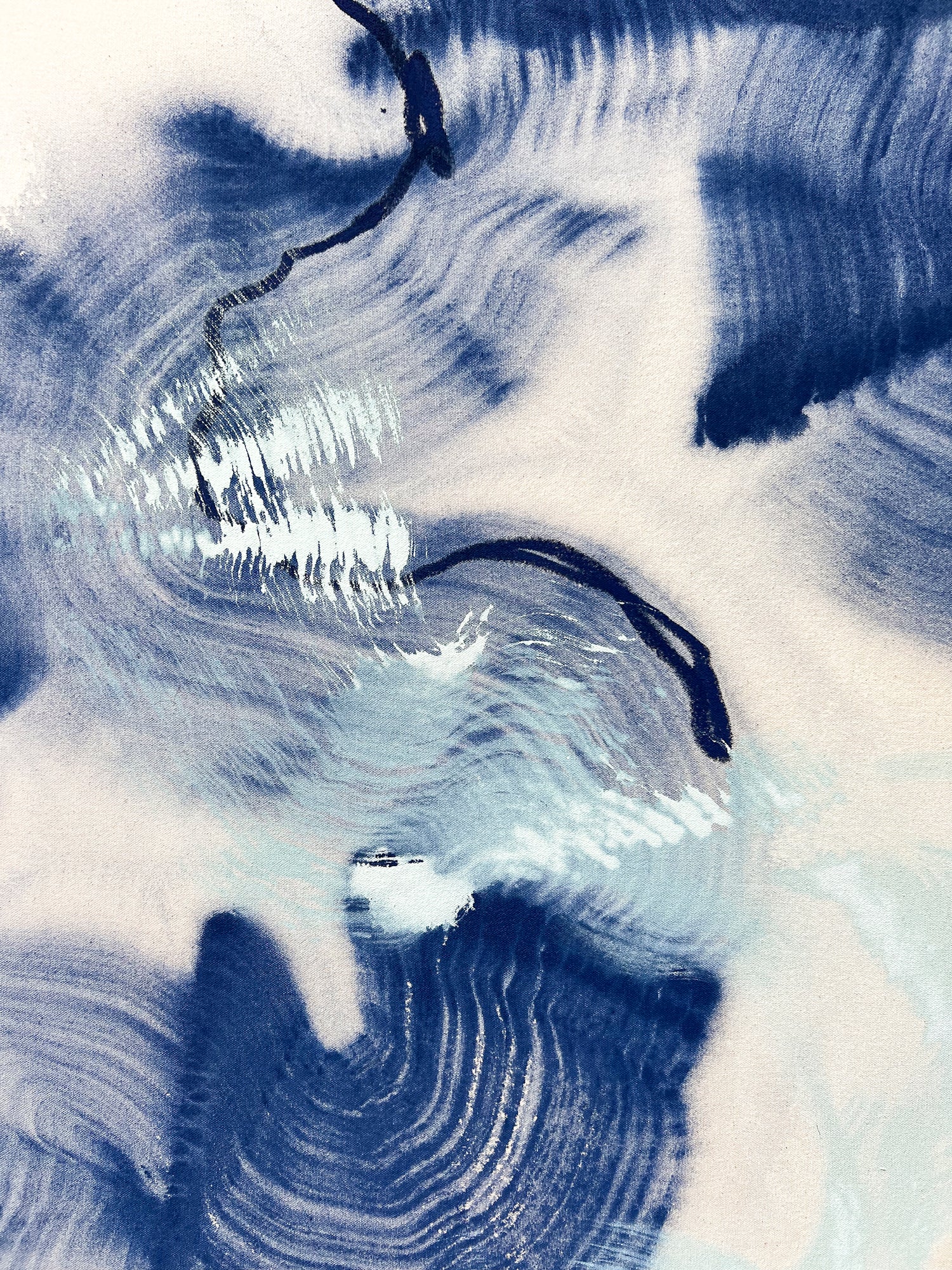 Monochromatic blue abstract painting by Beth Winterburn, featuring soft layers and movement art.