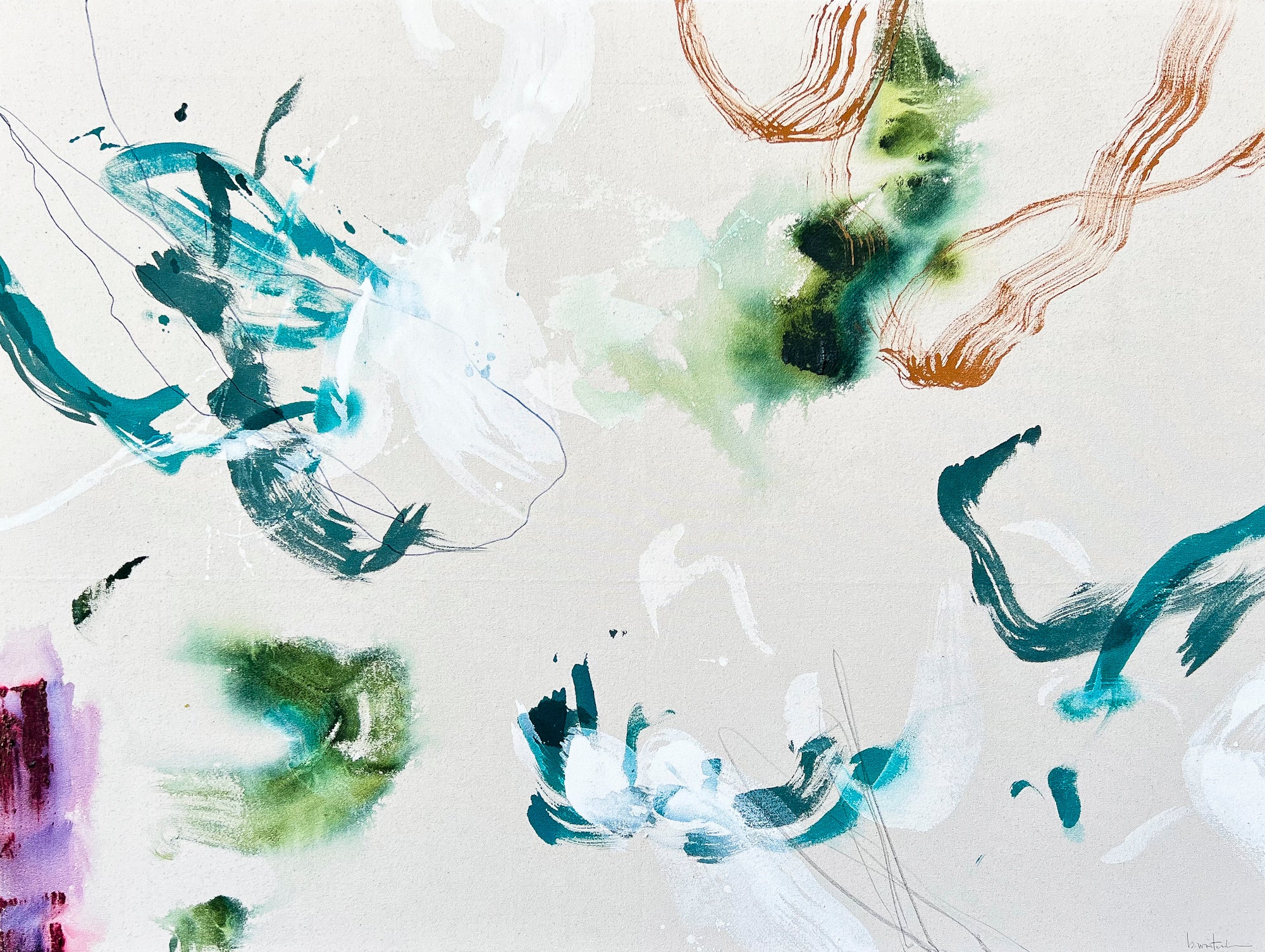 Abstract mixed media painting by Beth Winterburn from the Interwoven Collection, with layered textures and turquoise tones.