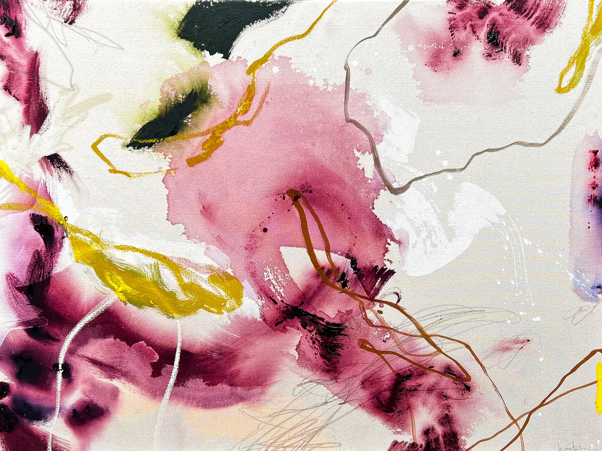 Abstract mixed media painting by Beth Winterburn from the Interwoven Collection, with pink tones.