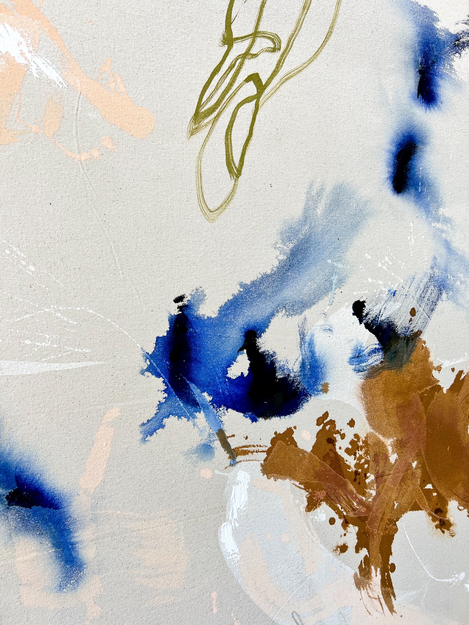 Close-up showing expressive brushwork in Interwoven canvas painting.