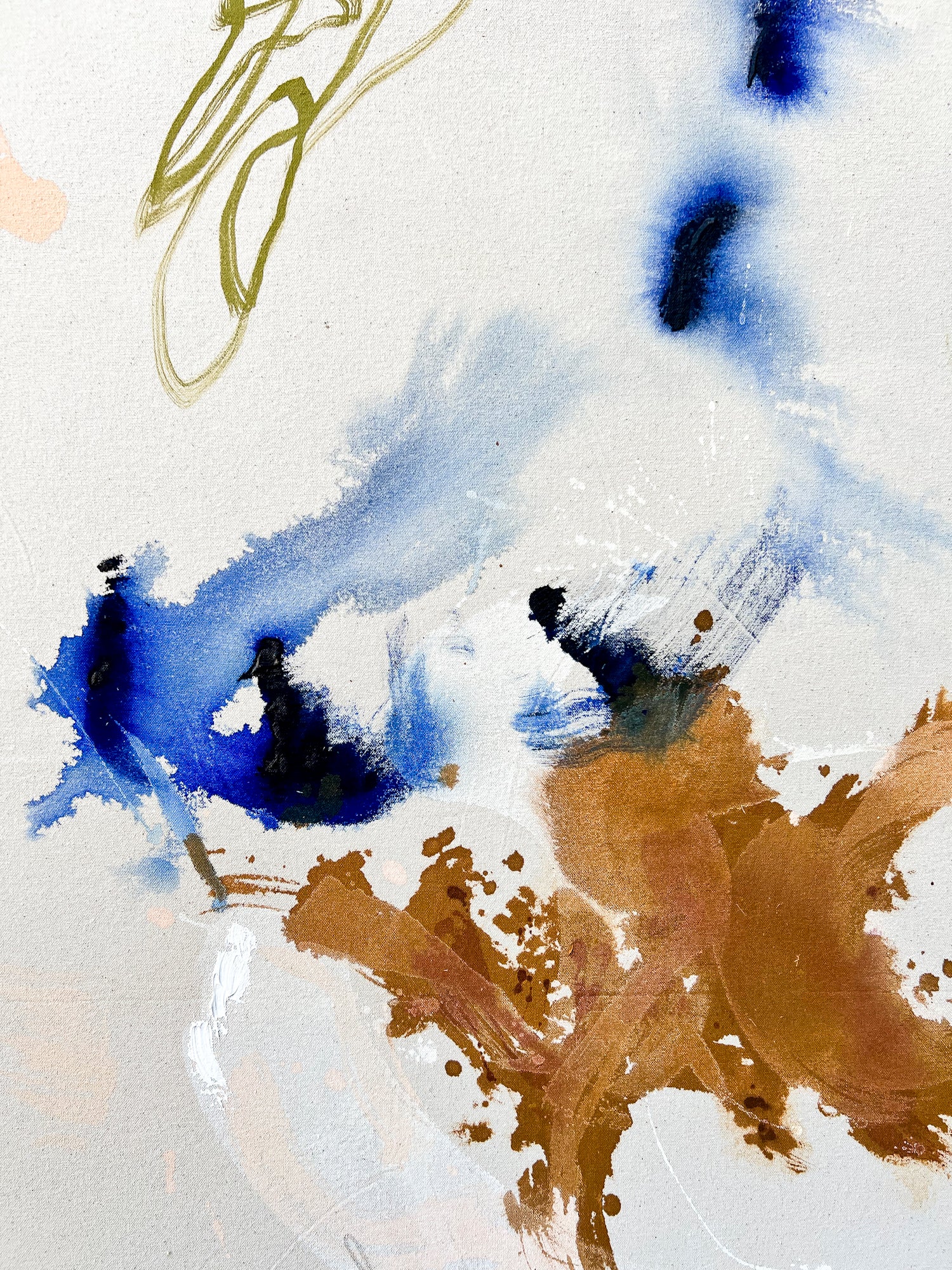 Detail of layered texture and gestural marks in Beth Winterburn’s Interwoven painting.