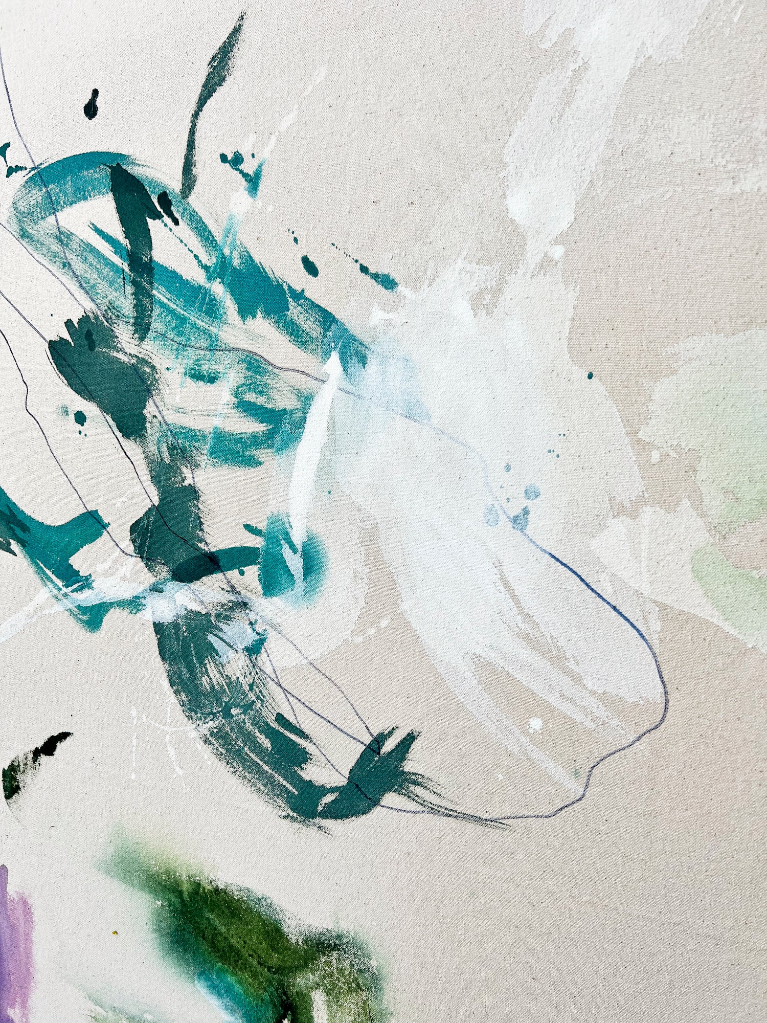 Edge view and canvas detail of Beth Winterburn’s Turquoise Interwoven artwork.