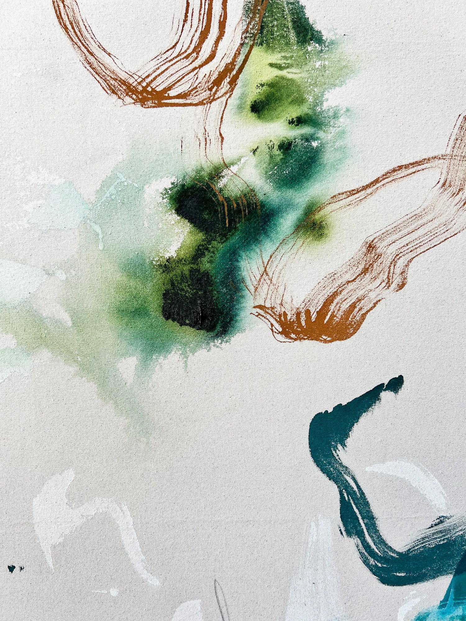 Close-up showing expressive green brushwork in Interwoven canvas painting.