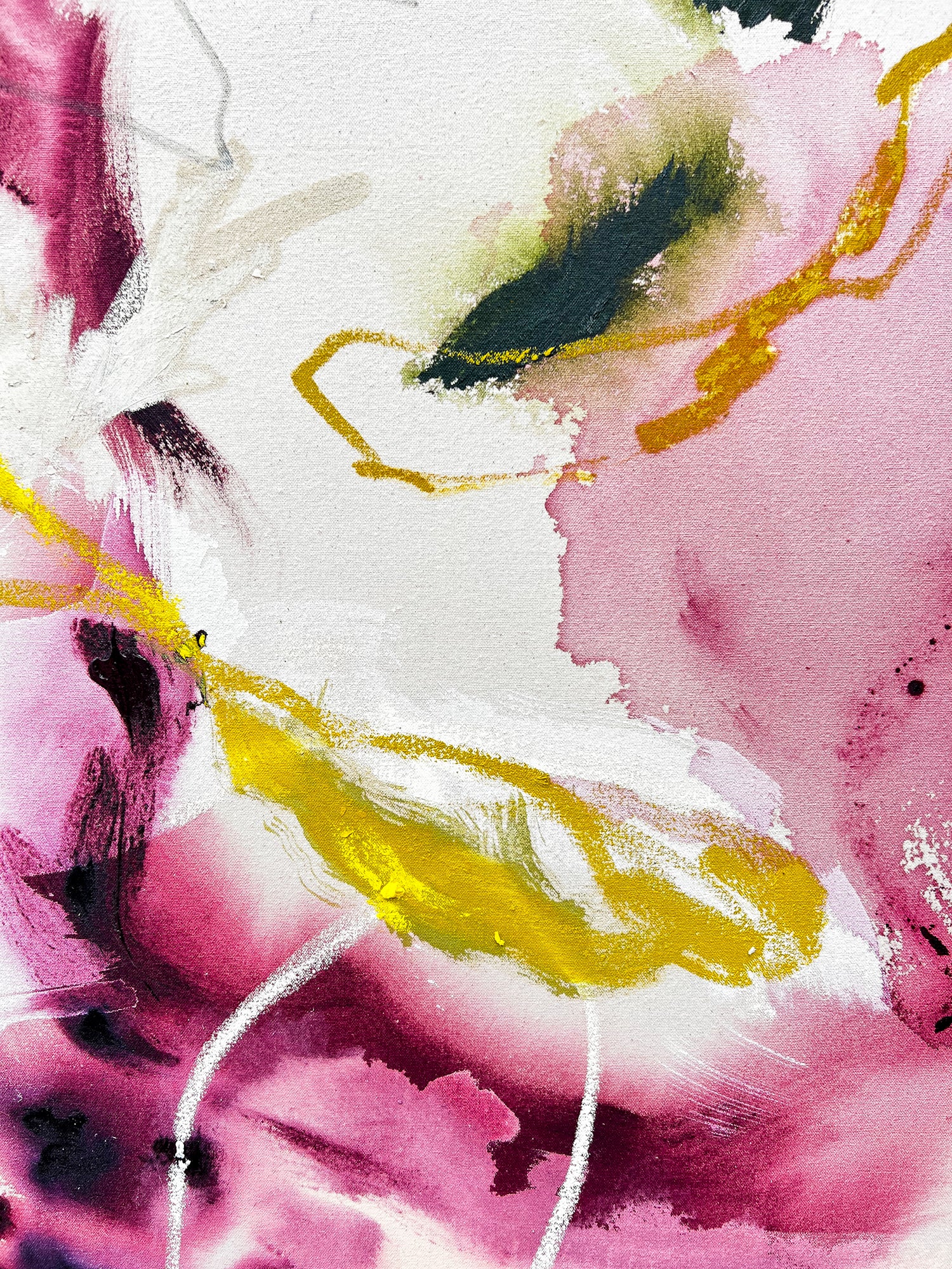 Close-up showing expressive brushwork in Interwoven canvas painting.