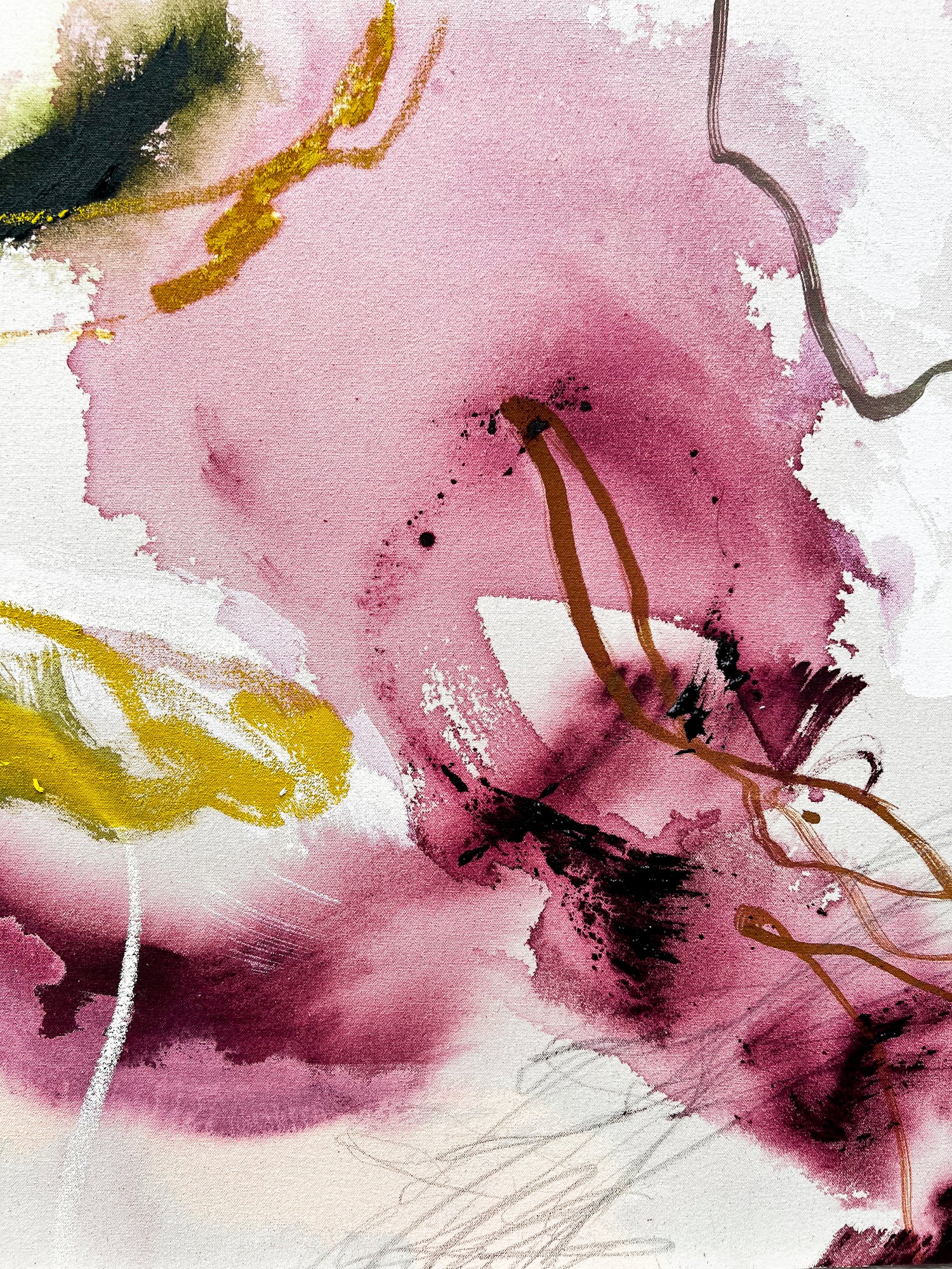 Detail of layered texture and gestural marks in Beth Winterburn’s Interwoven painting.