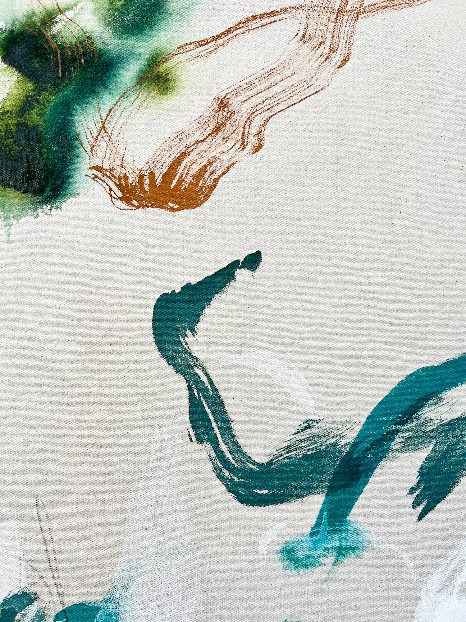 Close-up showing expressive turquoise brushwork in Interwoven canvas painting.