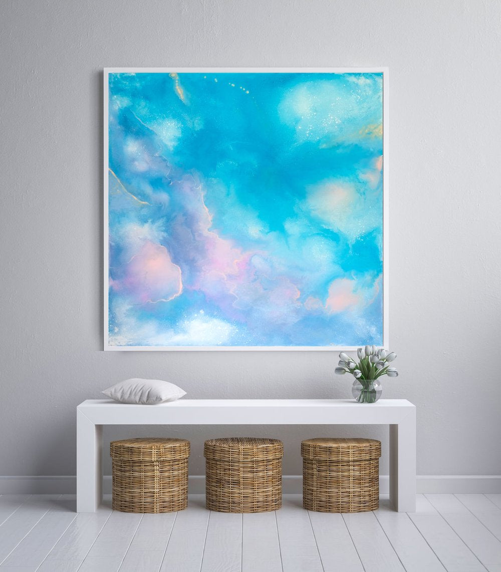 “Angelic Realm” by Carina Dawn, a delicate pastel abstract acrylic painting with clouds.