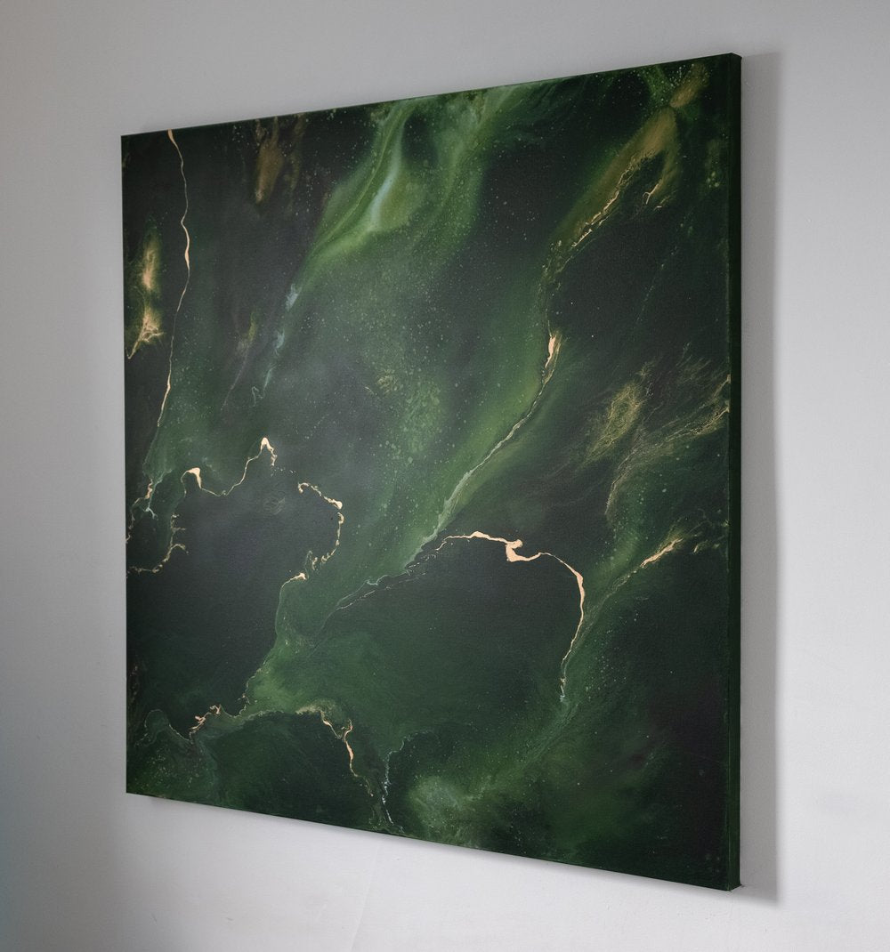 “Balance” by Carina Dawn is a contemporary abstract acrylic artwork perfect for collectors seeking harmonious green artwork.