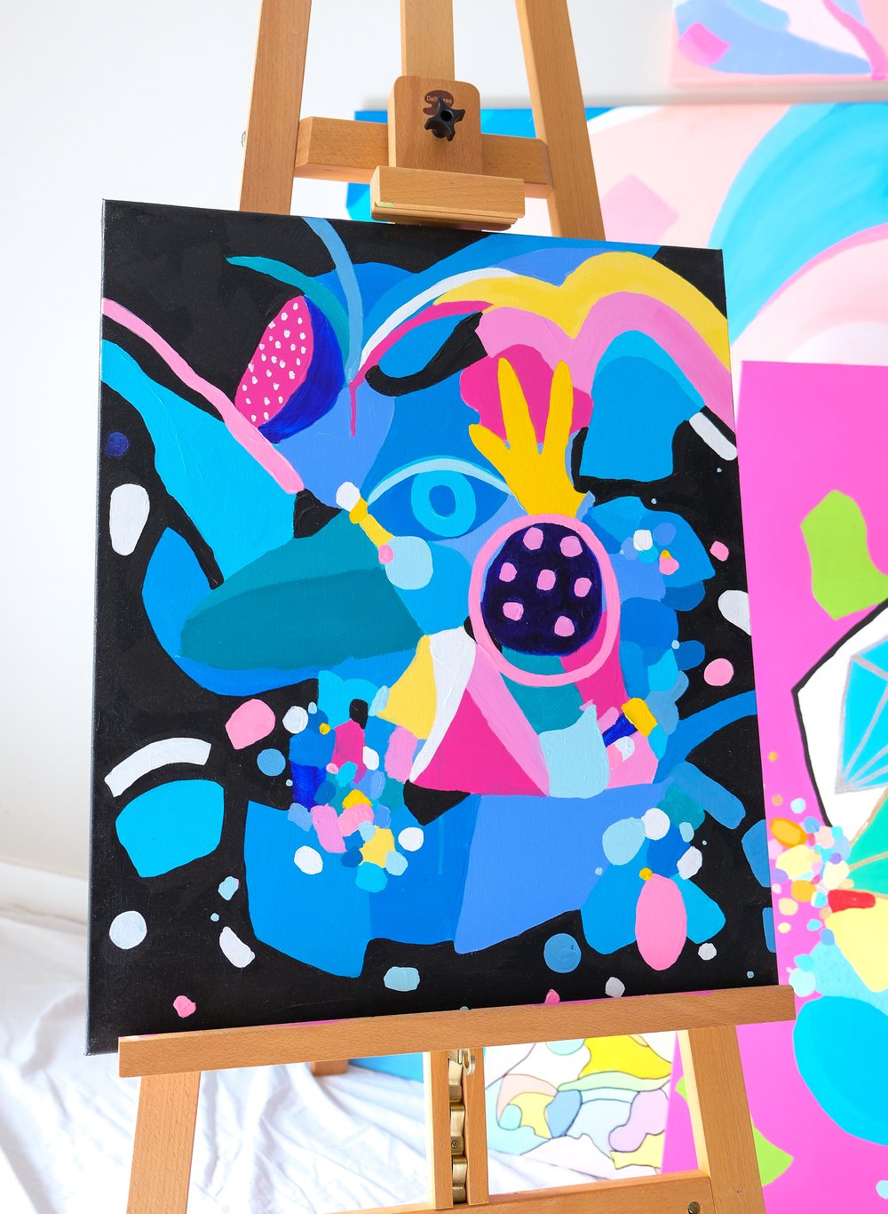 "Celebration" by Carina Dawn is a joyful acrylic abstract painting bursting with expressive motion and color. Explore more at Moné Gallery.