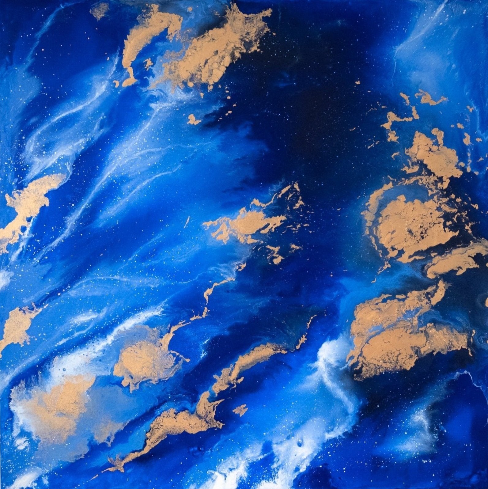 “Enlightenment” is a meditative blue and gold abstract painting by Canadian artist Carina Dawn. Part of the Soul series, it explores themes of consciousness and transformation through acrylics.