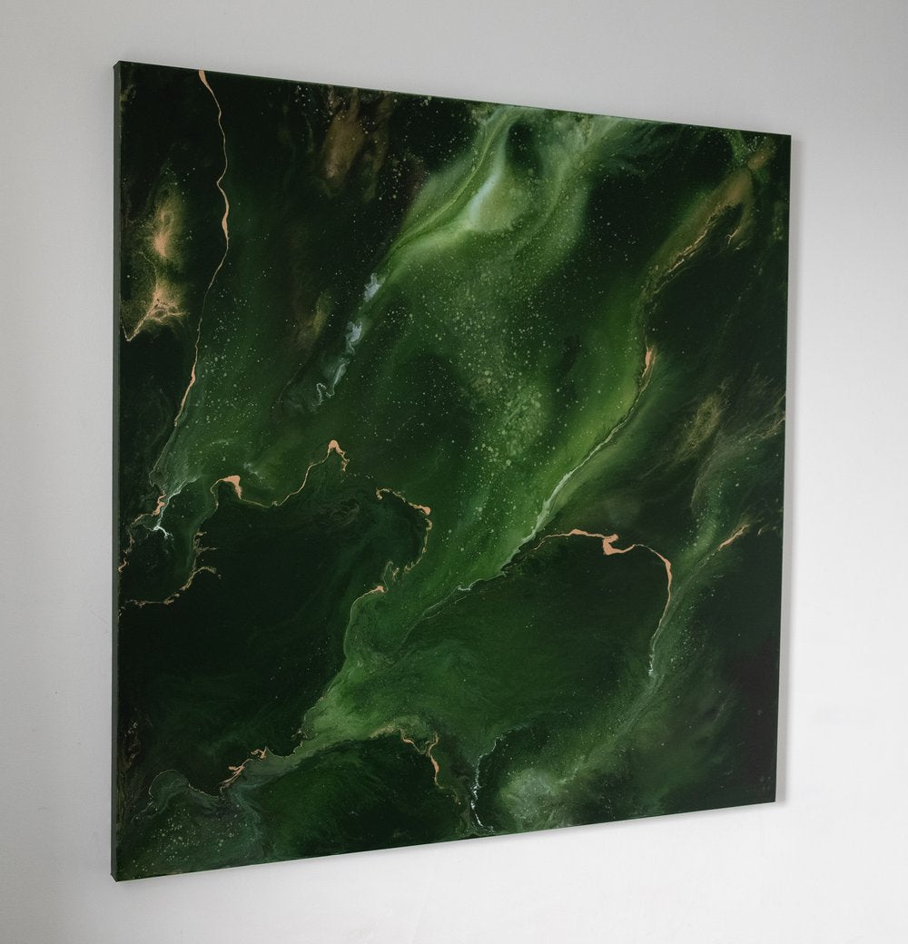 “Balance” by Carina Dawn, a green abstract acrylic painting featuring layered textures and flowing forms.