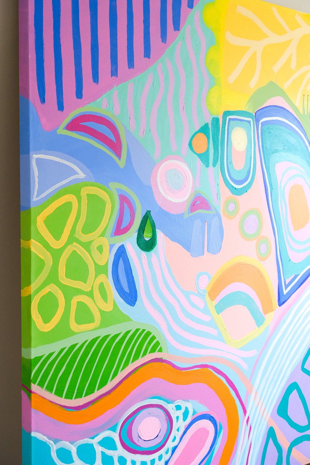 "Portals" by Carina Dawn, an abstract acrylic painting with dynamic forms and layered color inviting deeper reflection.