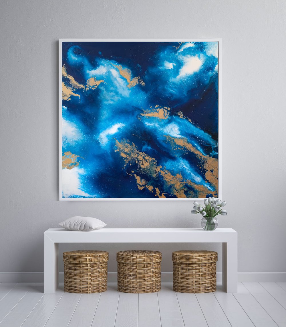 “Power” is a bold blue abstract acrylic painting by Canadian artist Carina Dawn. Perfect for fans of energetic, colorful, and contemporary abstract artworks.