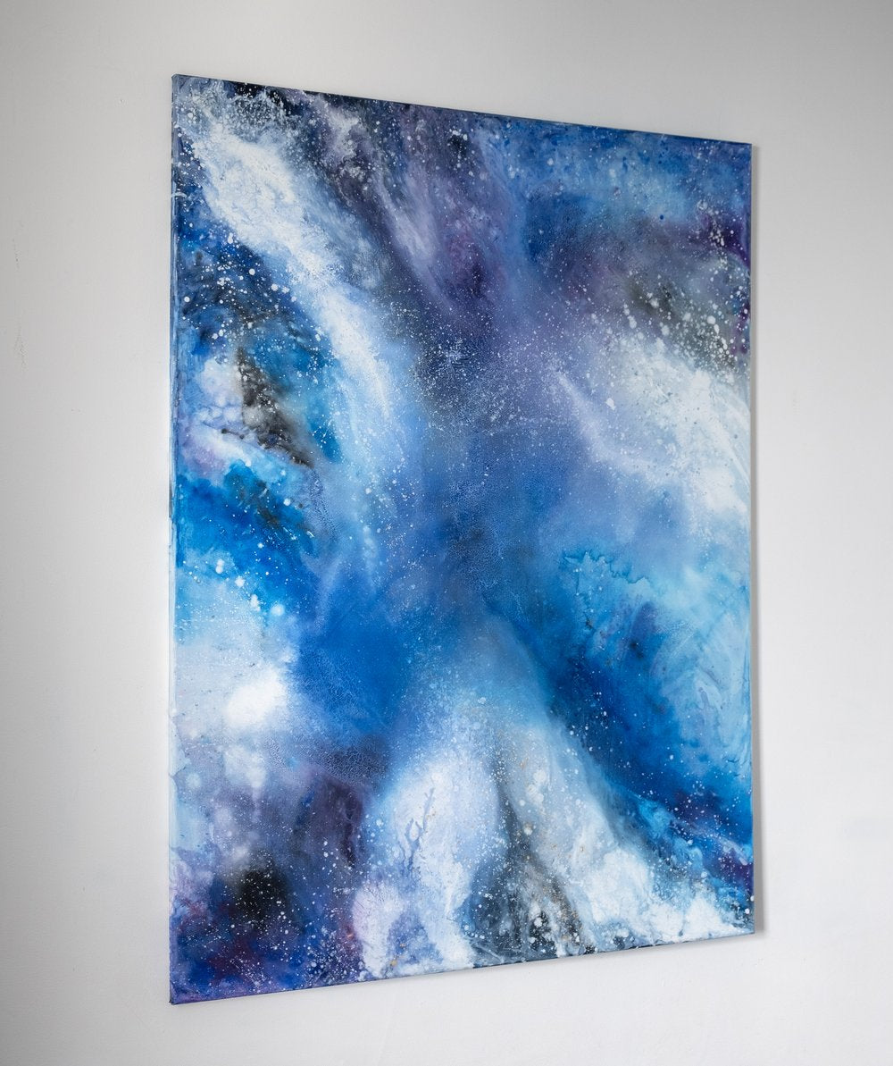 “Cosmos” by Carina Dawn, a galaxy contemporary abstract acrylic painting with stars and universal energy.