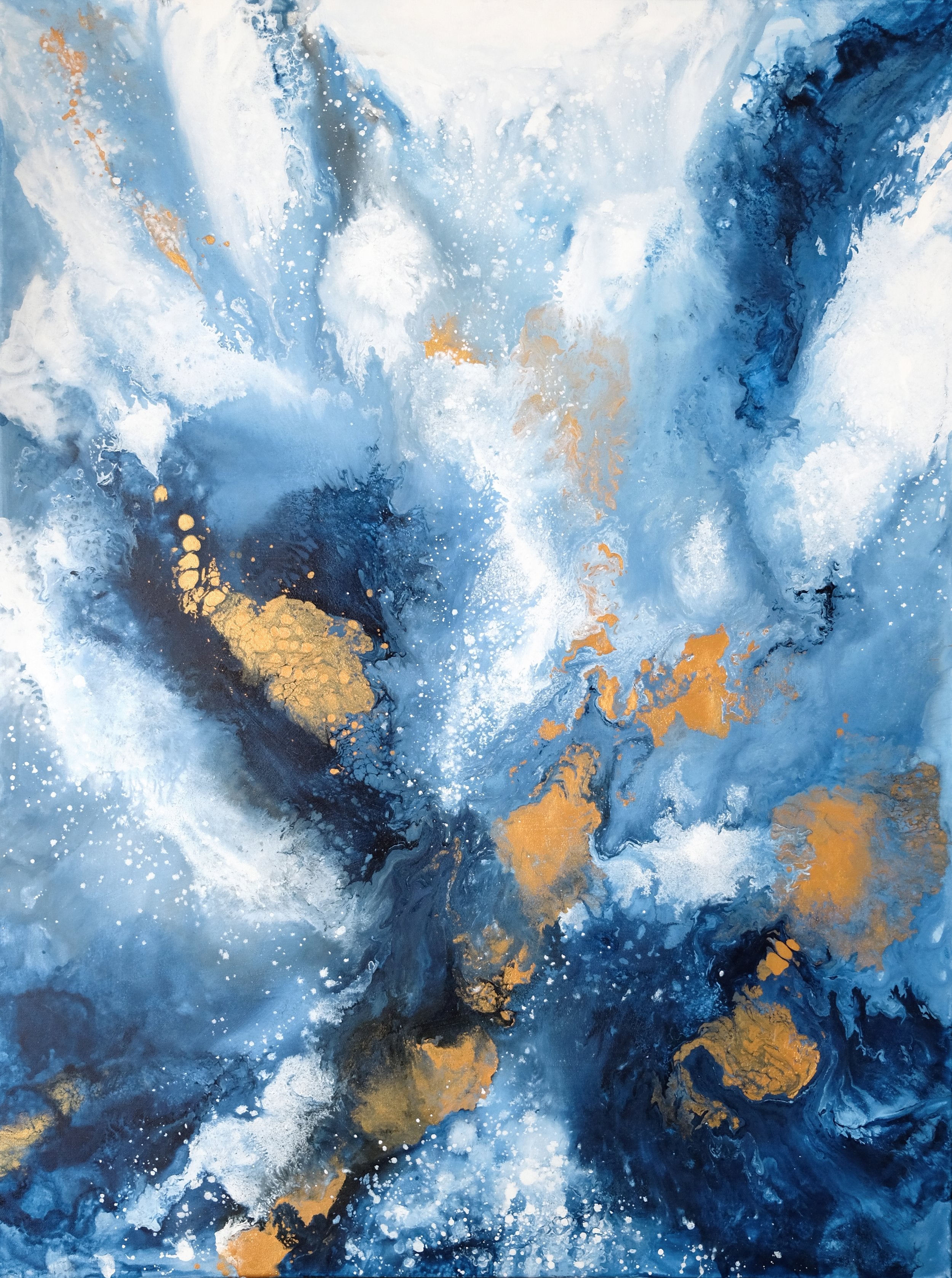 Swords of Knowledge by Carina Dawn is a contemporary abstract acrylic painting perfect for collectors seeking blue and gold artwork.
