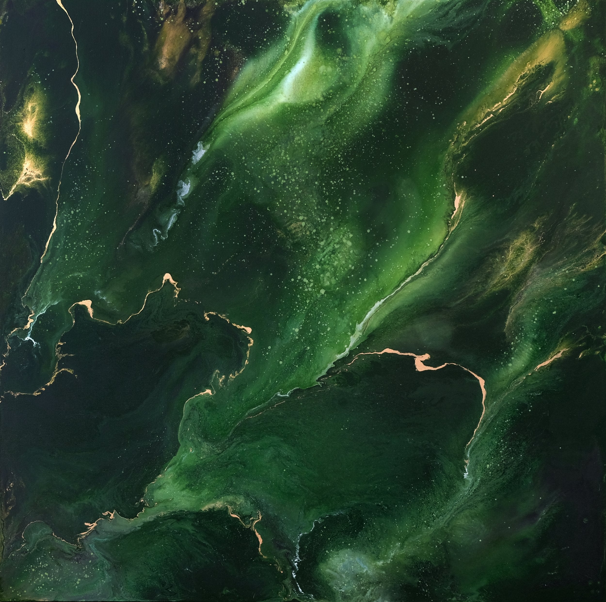 “Balance” by Carina Dawn, a green abstract acrylic painting featuring layered textures and flowing forms.