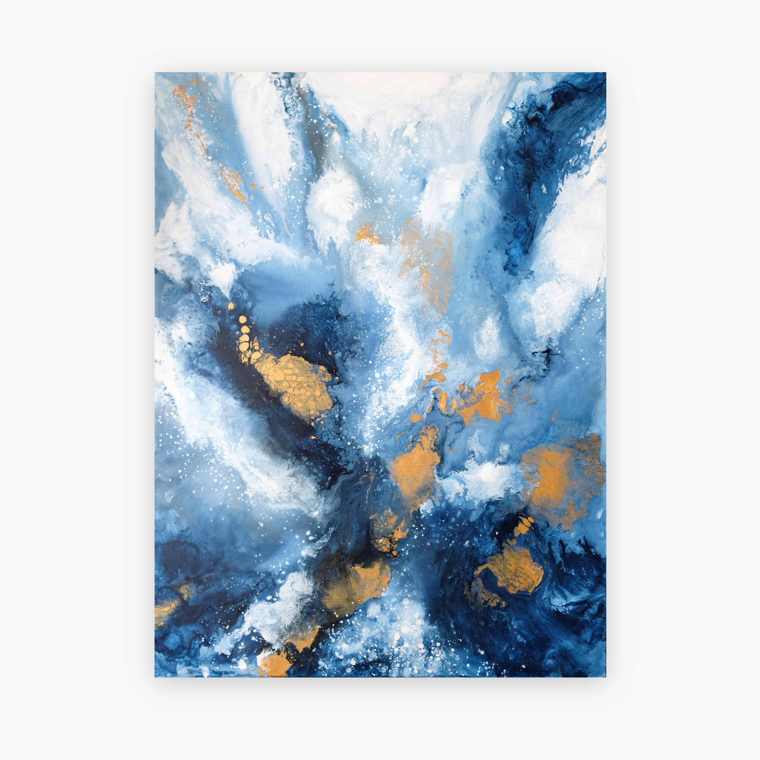 “Swords of Knowledge” by Carina Dawn is a contemporary blue and gold abstract acrylic painting perfect for collectors seeking bold, meaningful artwork.