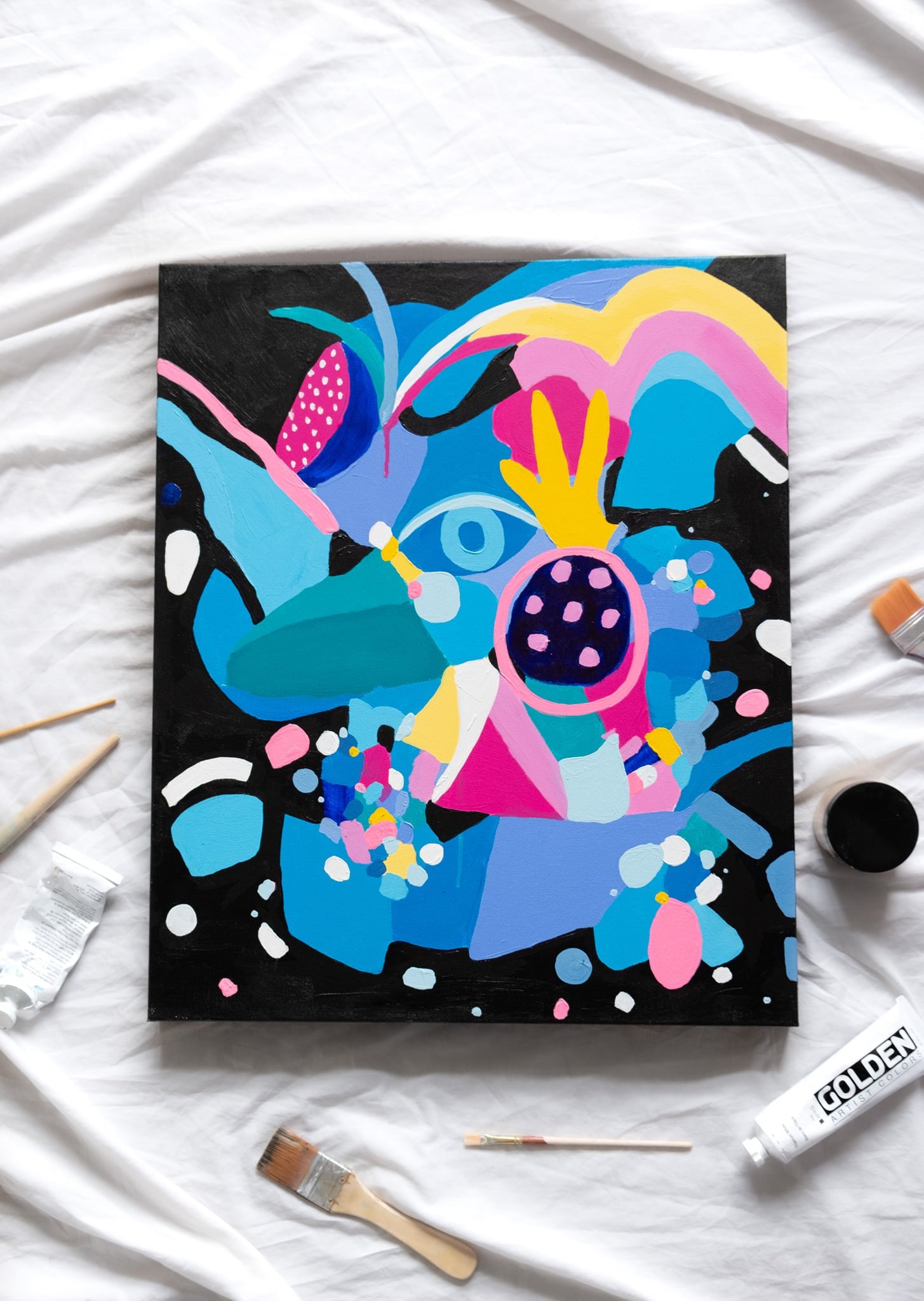 Colorful and energetic wall art acrylic painting titled "Celebration" by Carina Dawn, capturing joy and expression.