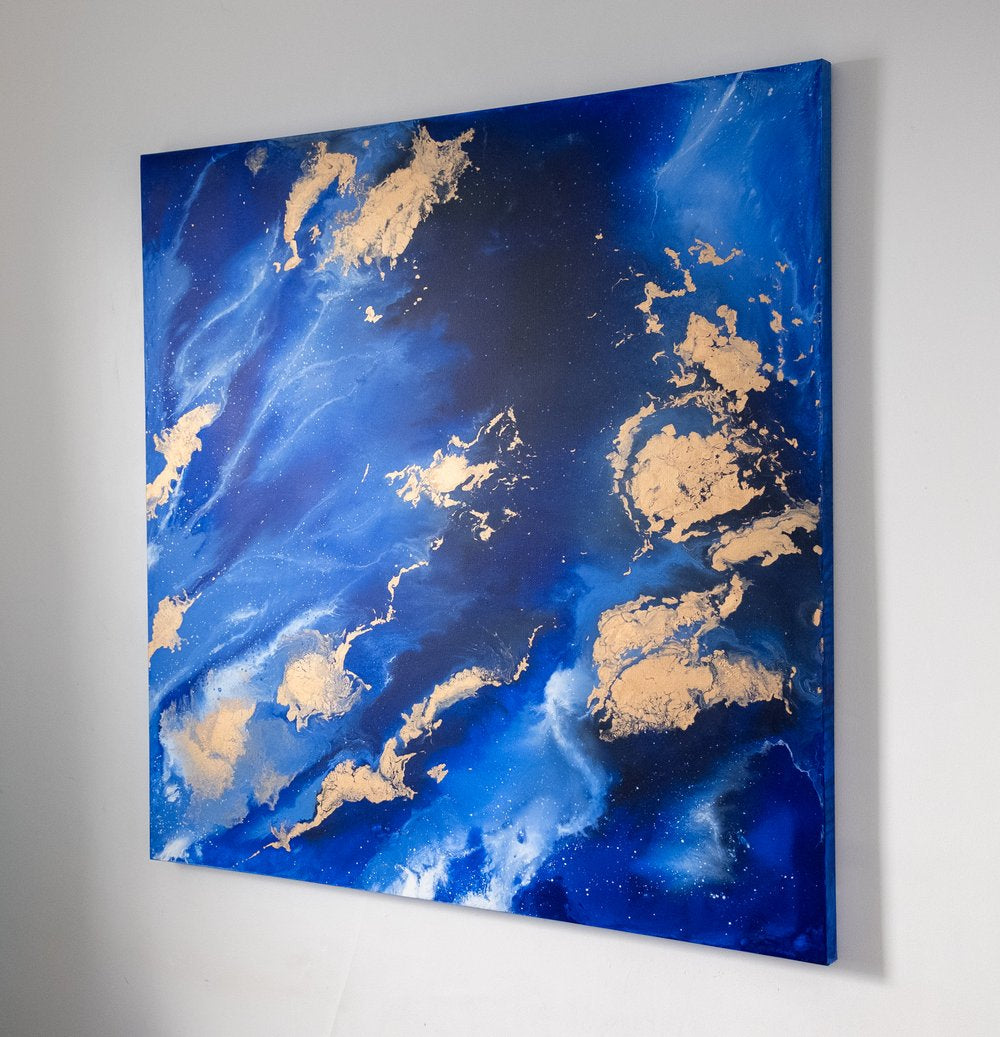 “Enlightenment” by Carina Dawn, a contemporary abstract acrylic painting with luminous colors and flowing shapes detail.