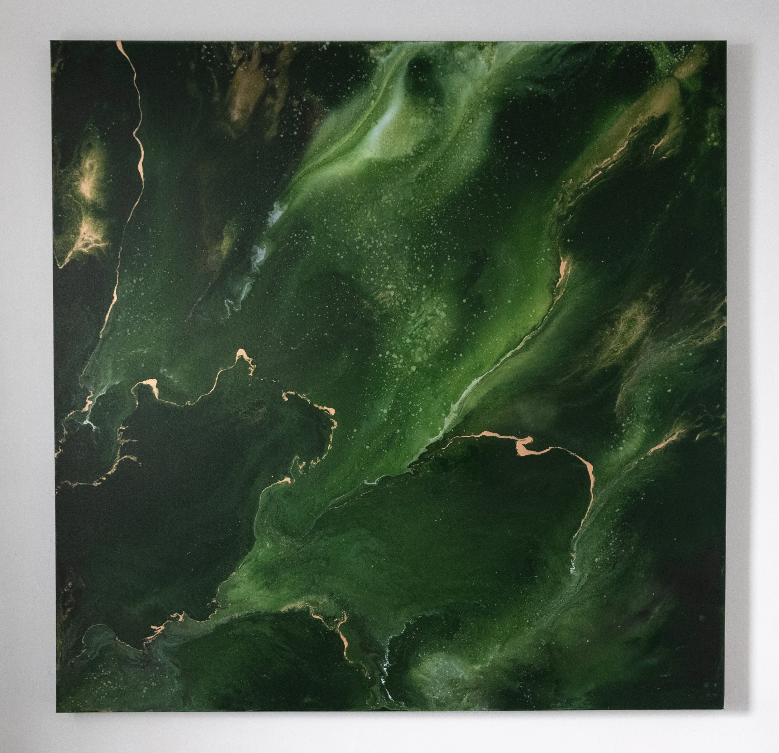 “Balance” by Carina Dawn, a green meditative abstract acrylic painting exploring harmony and flow.