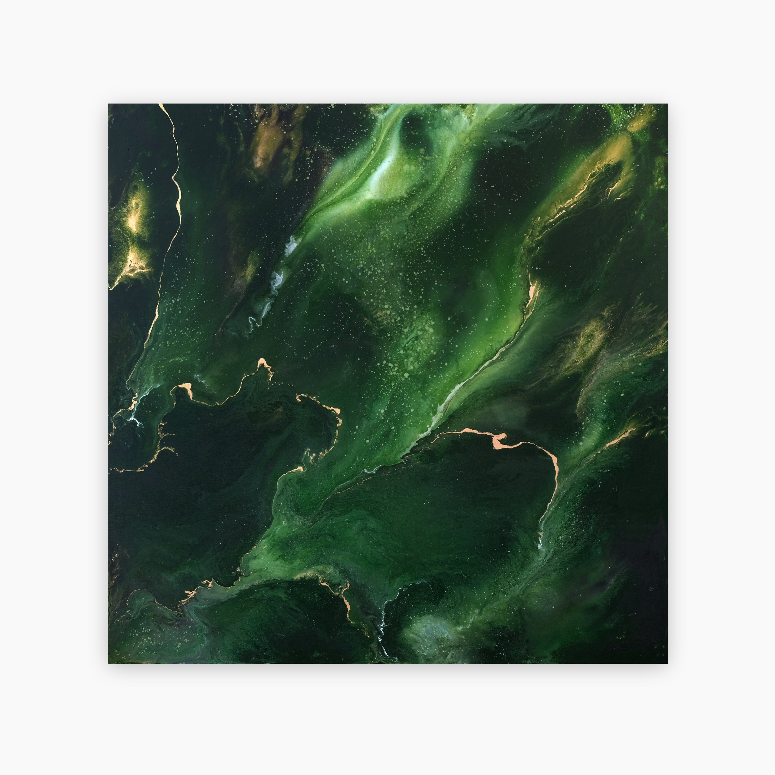 “Balance” is a calming green spiritual abstract painting by Canadian artist Carina Dawn. This acrylic artwork invites contemplation on harmony within the universe and self.