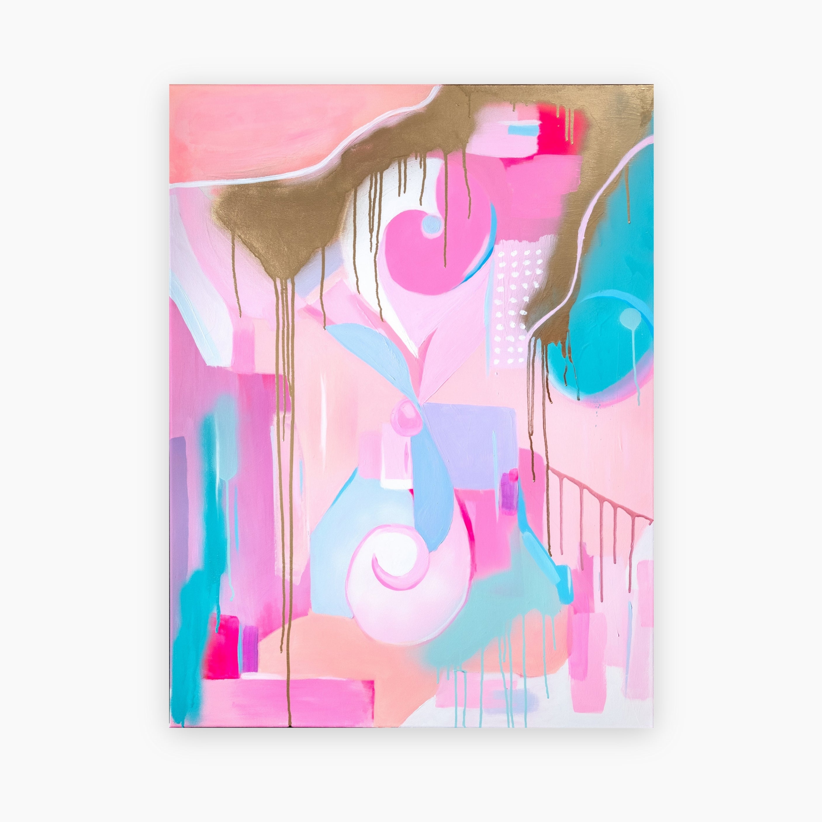 Abstract painting "Love’s Alchemy" by Carina Dawn, with emotional pink colors blending and expressive shapes.