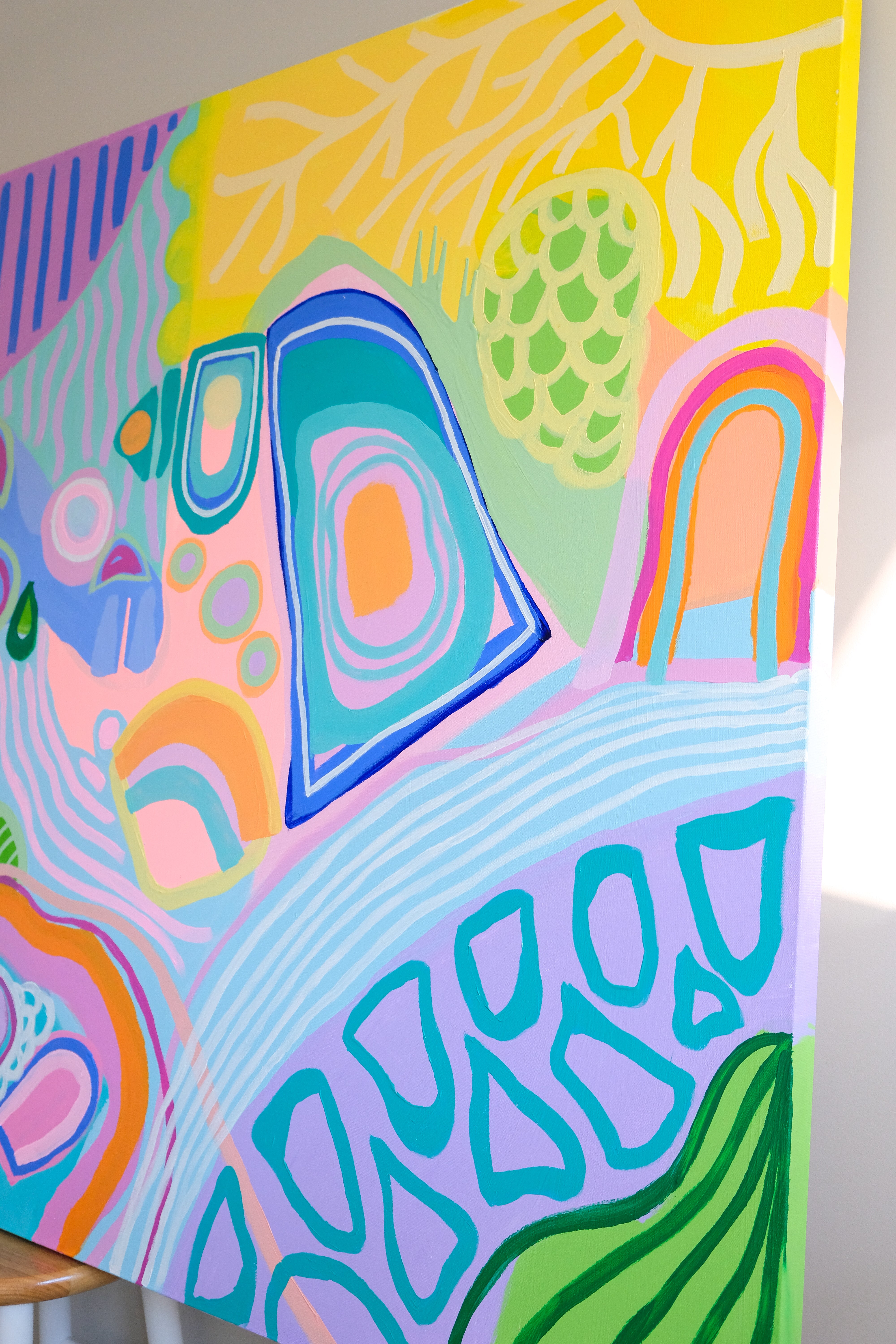 "Portals" by Carina Dawn, a vibrant symbolic abstract acrylic painting with dynamic forms and layered color inviting deeper reflection.