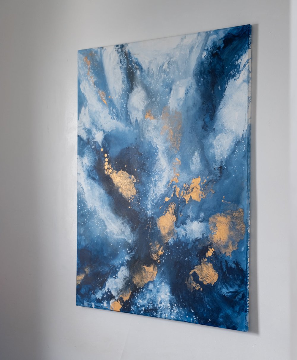 “Swords of Knowledge” is a spiritually inspired abstract acrylic painting by Canadian artist Carina Dawn. This artwork reflects themes of truth and enlightenment.