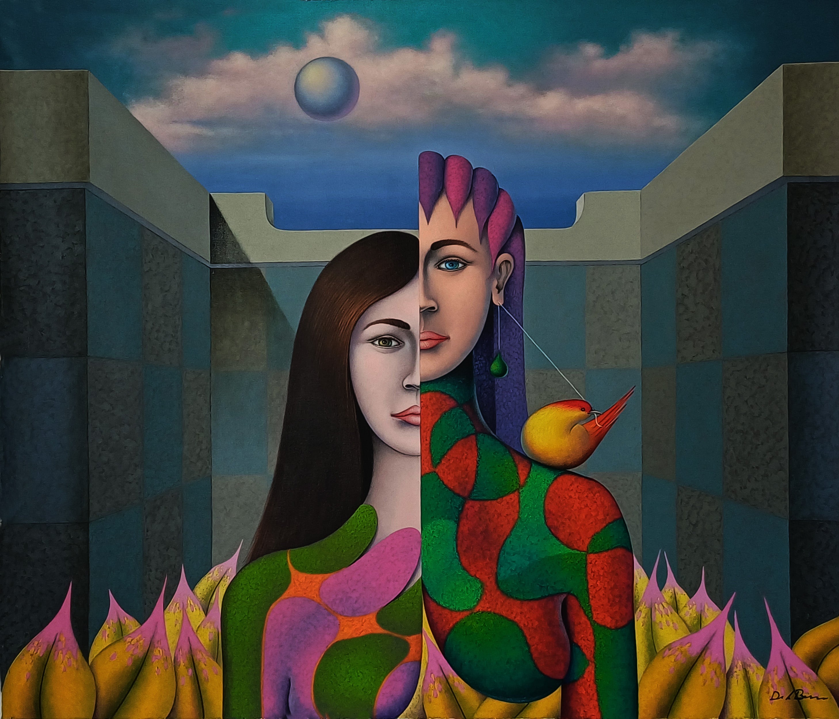 ‘Bipolar’ is an original surreal oil painting on canvas by Peruvian artist Jose De La Barra, showcasing contrasting emotions through dreamlike and symbolic imagery, perfect for collectors of surreal Latin American art.