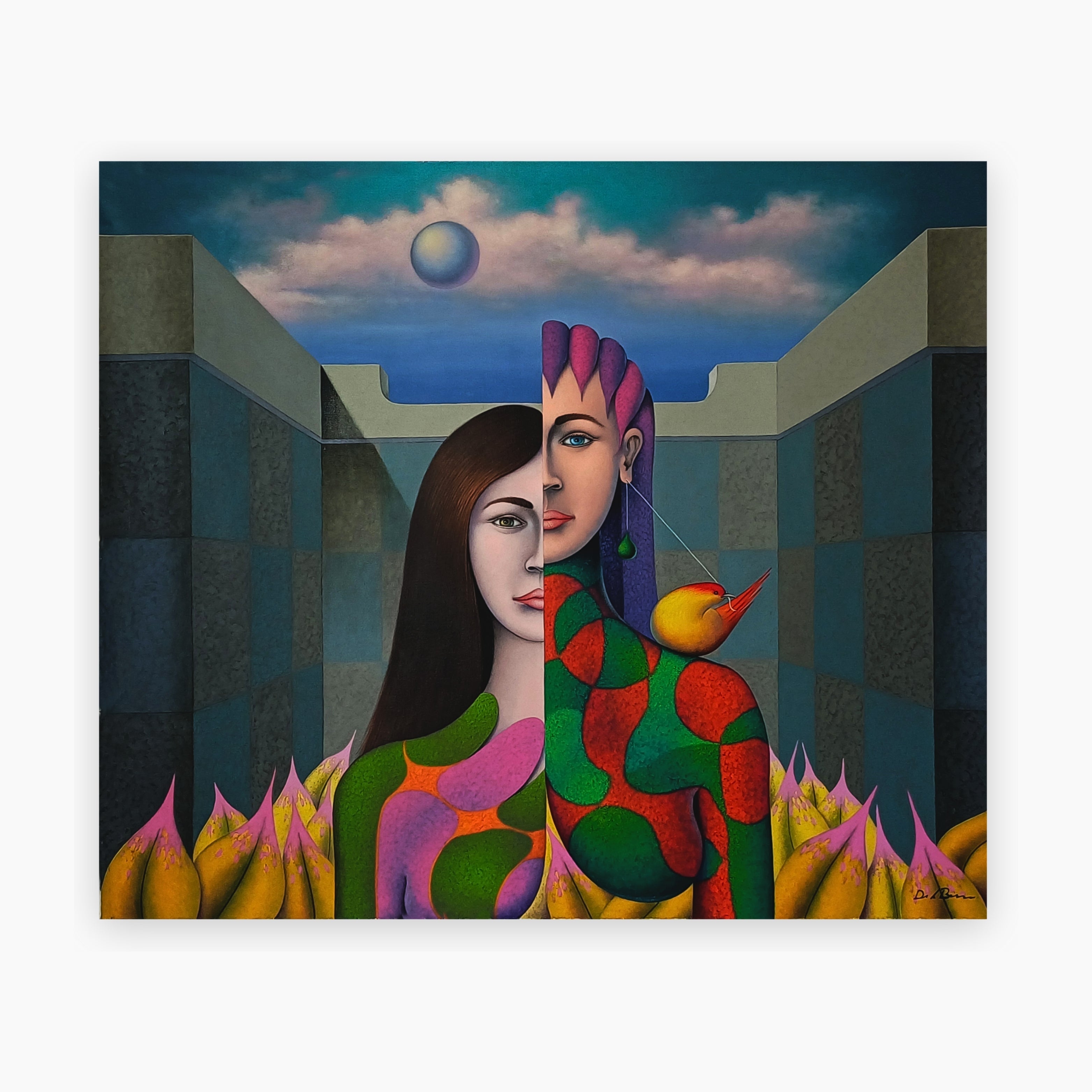 Discover ‘Bipolar,’ an original surreal oil painting by Peruvian artist Jose De La Barra. This evocative work explores emotional contrasts with dreamlike visuals, sought after by collectors of surreal contemporary Latin American art.