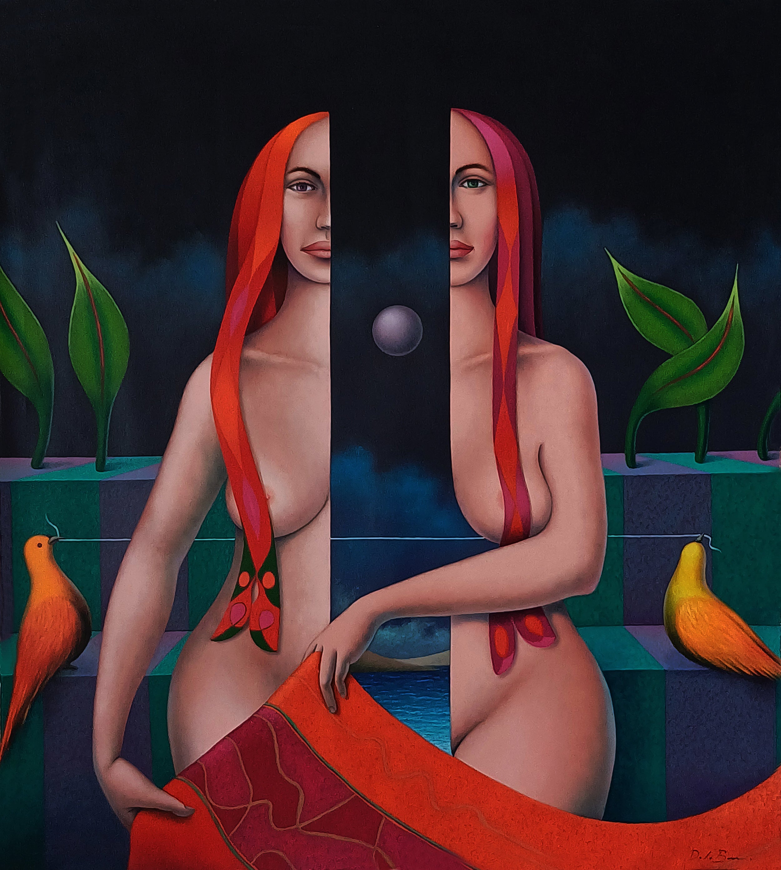 ‘Bodyreflex’ is an original surreal oil painting on canvas by Peruvian artist Jose De La Barra, featuring symbolic imagery and a dreamlike atmosphere, highly sought after by collectors of Latin American surreal art.