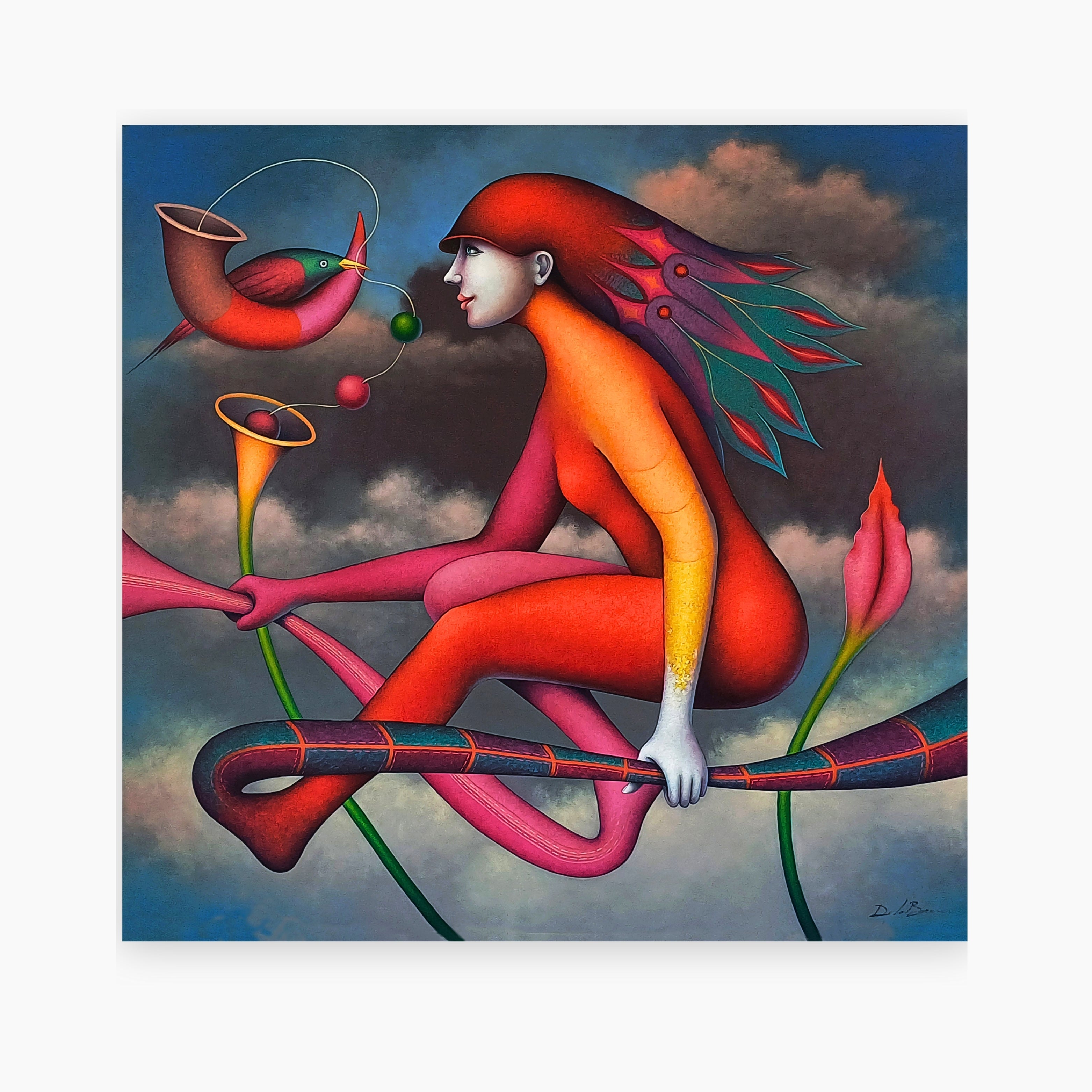 ‘Floating’ is an original surreal oil painting on canvas by Peruvian artist Jose De La Barra, showcasing fluid dreamlike forms and vivid narrative imagery, sought after by collectors of surreal Latin American art.