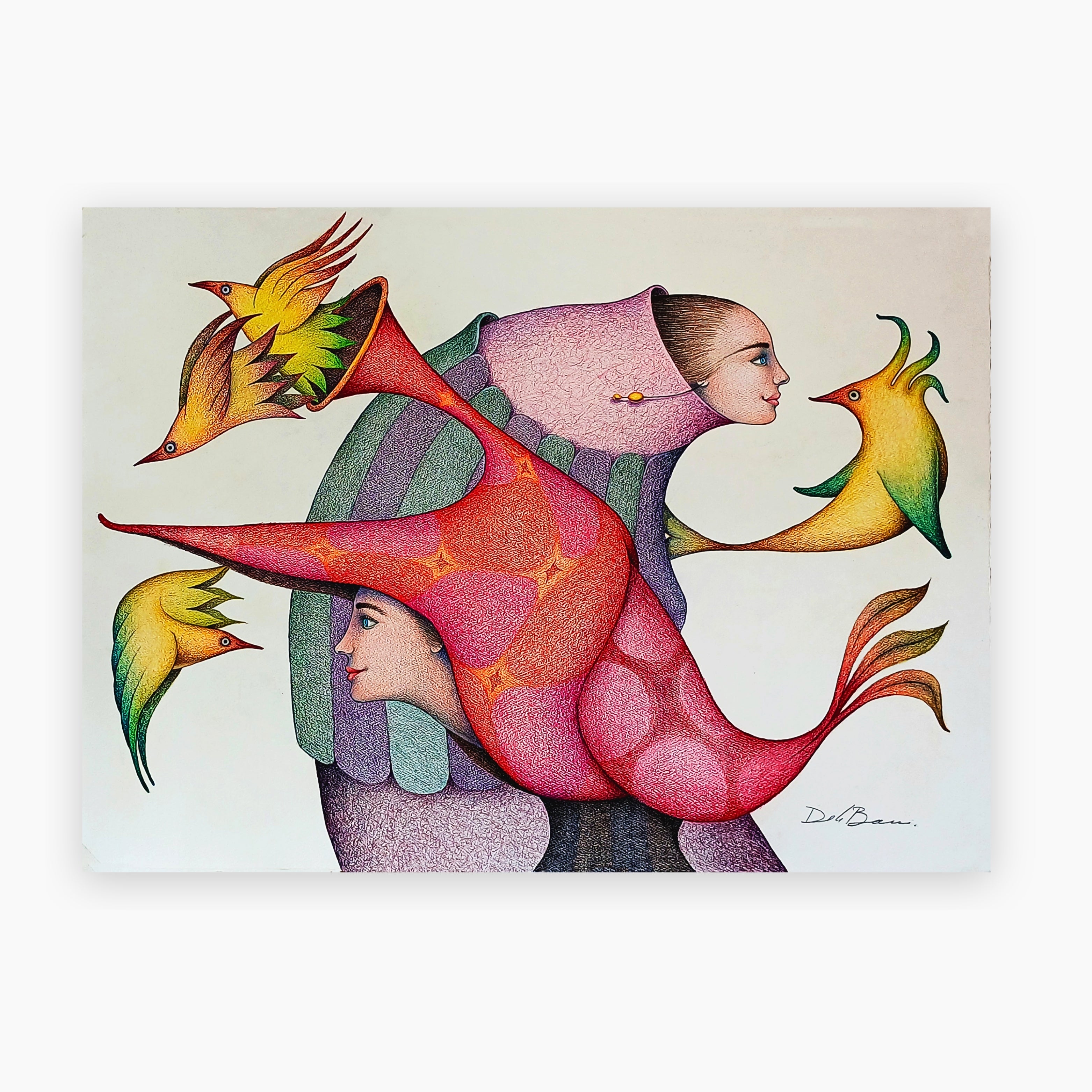 ‘Flying III’ is a dynamic original color drawing on paper by Peruvian artist Jose De La Barra, showcasing bold lines and vivid color contrasts, sought after by collectors of contemporary Latin American art.