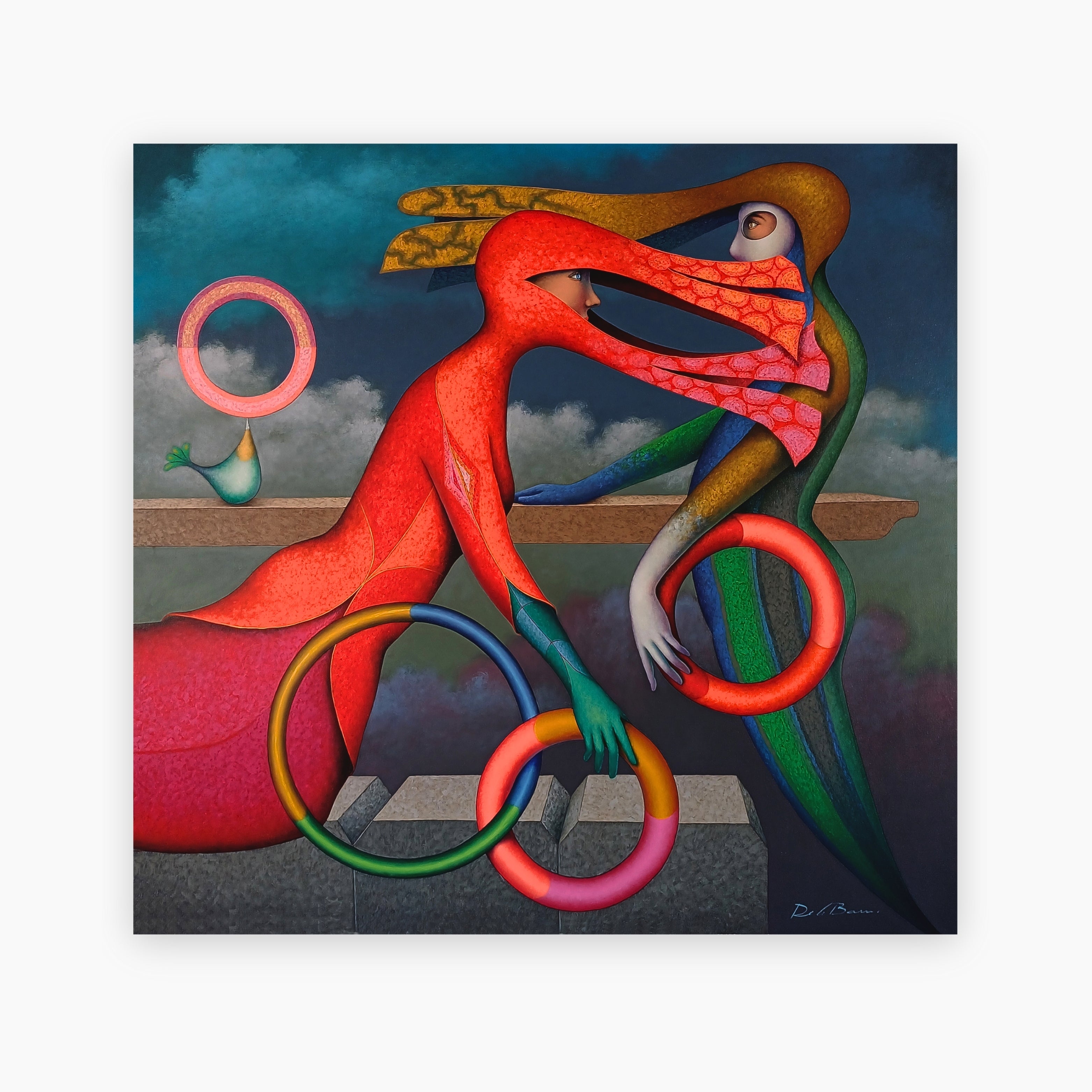 ‘Maneuvers with Hoops’ is an original surreal oil painting on canvas by Peruvian artist Jose De La Barra, featuring fantastical shapes and a narrative dreamscape, highly desirable for collectors of surreal Latin American art.