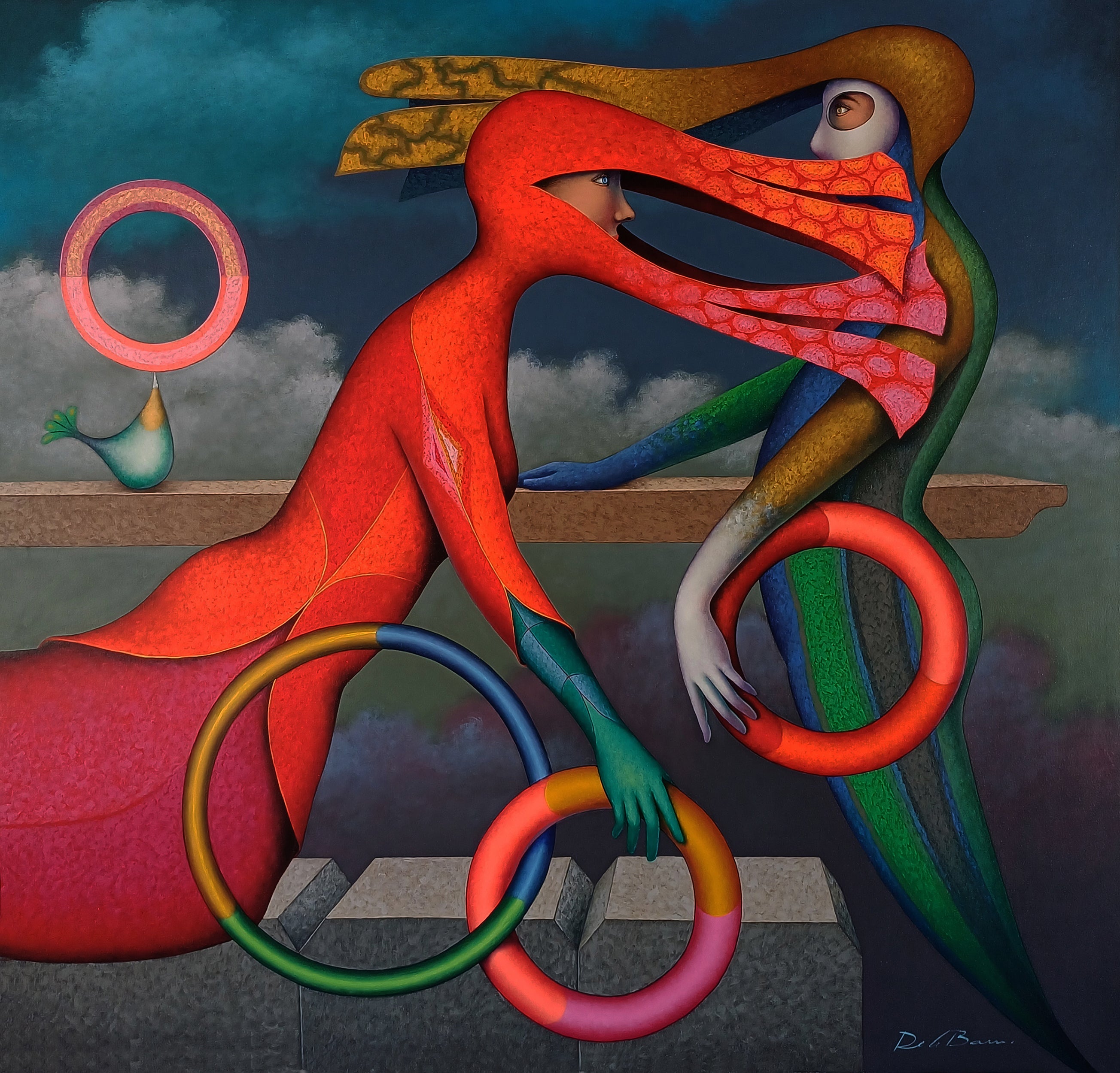 ‘Maneuvers with Hoops’ is an original surreal oil painting on canvas by Peruvian artist Jose De La Barra, featuring fantastical shapes and a narrative dreamscape, highly desirable for collectors of surreal Latin American art.