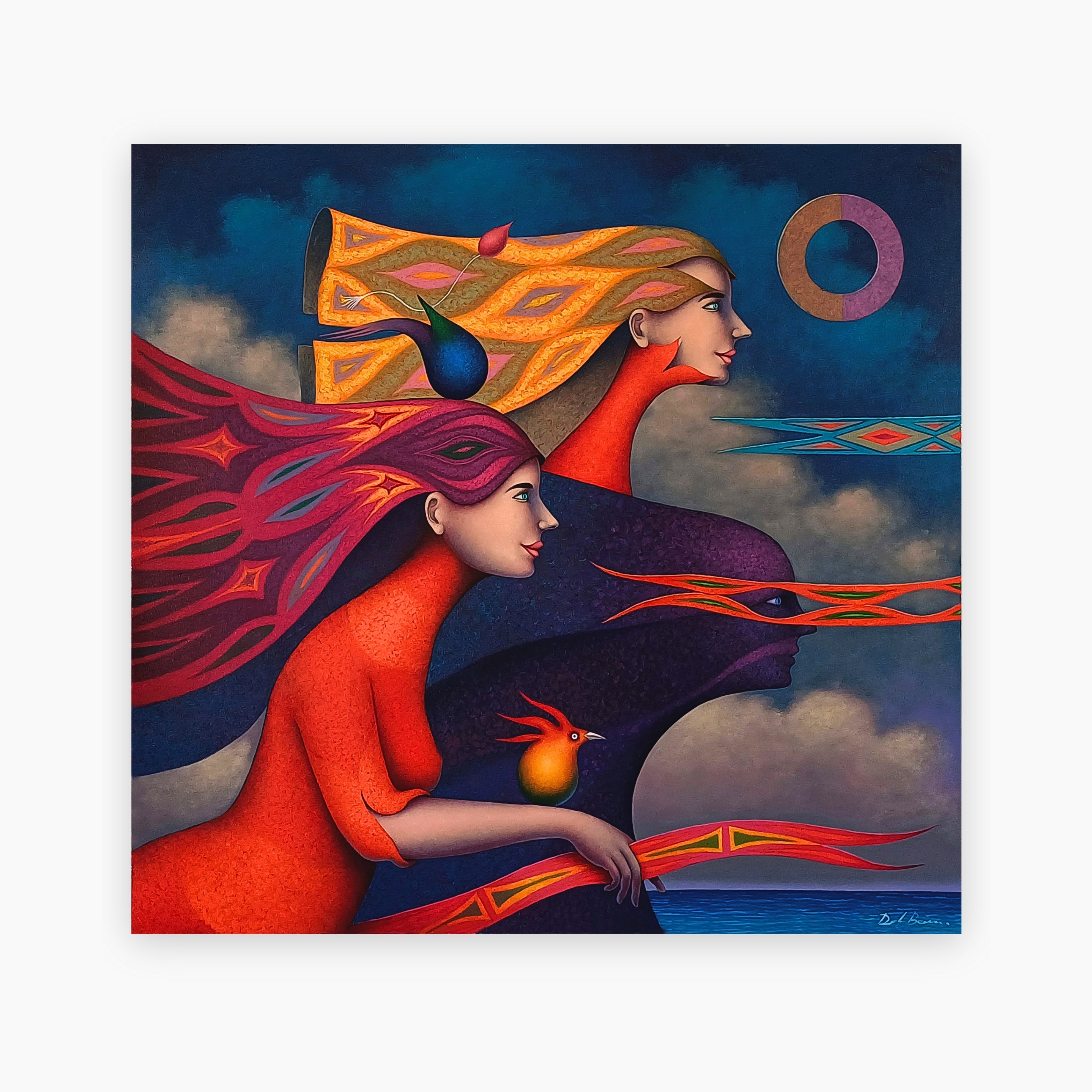 An original surreal oil painting on canvas by Jose De La Barra. This evocative piece combines symbolic narrative and dreamlike visuals, ideal for collectors of contemporary surreal Latin American art.