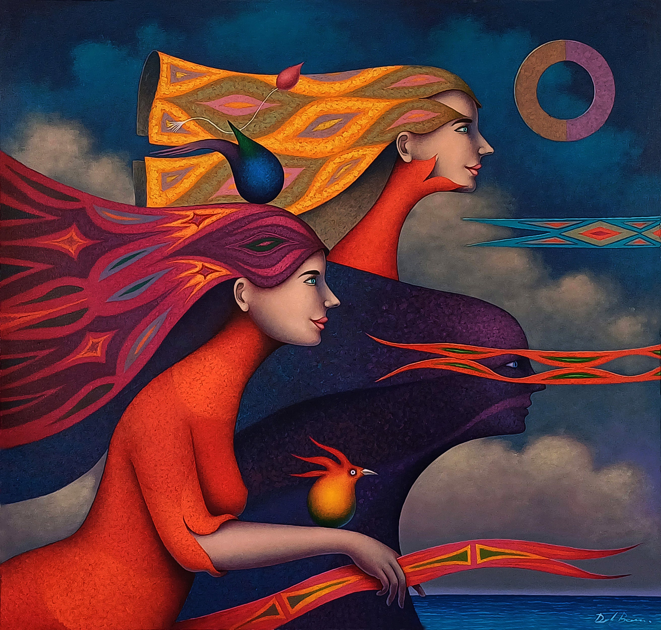 Original surreal oil painting on canvas by Peruvian artist Jose De La Barra, featuring symbolic imagery and a dreamlike atmosphere.